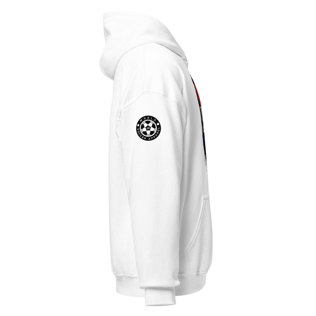 White hoodie with a logo on the sleeve against a white background