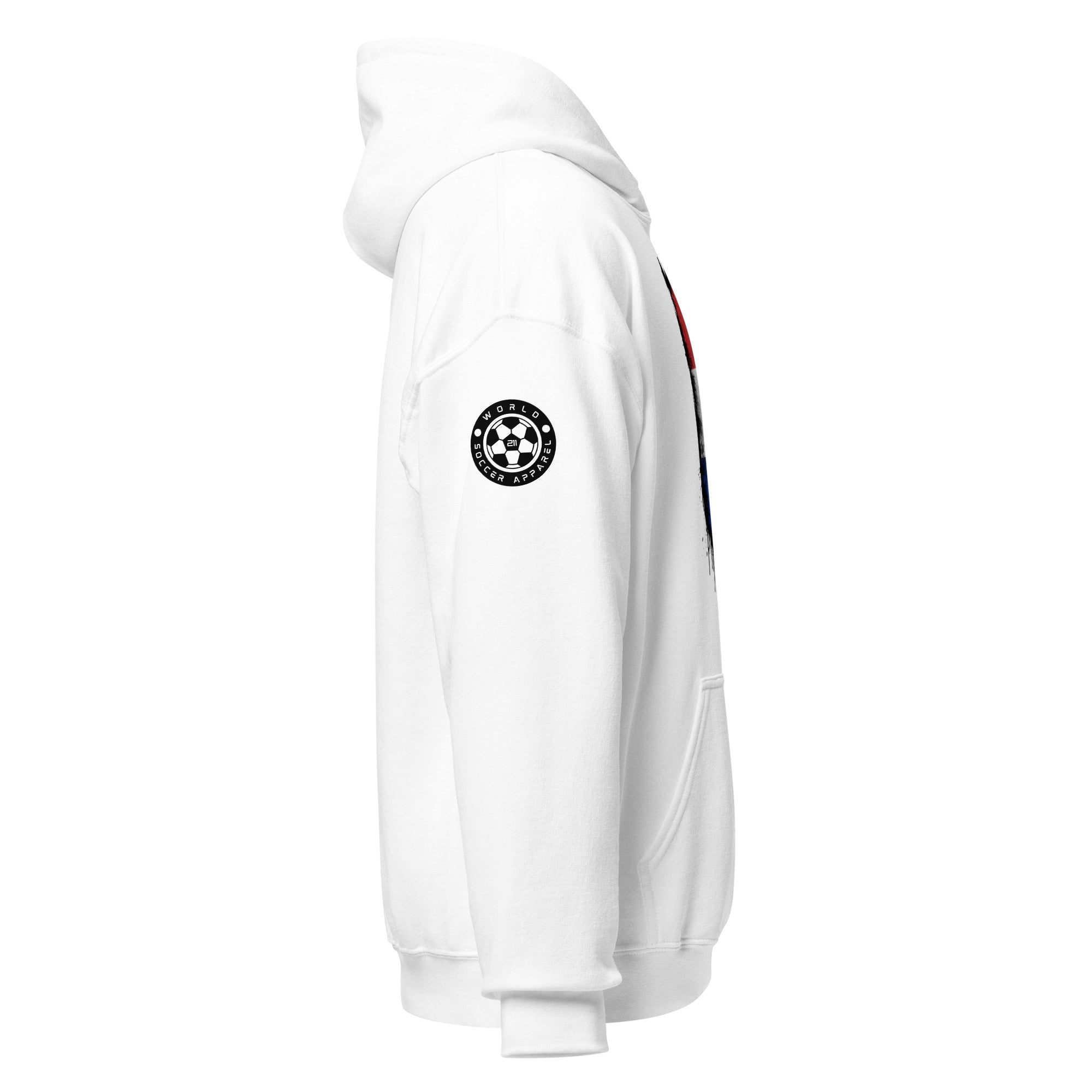 White hoodie with a logo on the sleeve against a white background