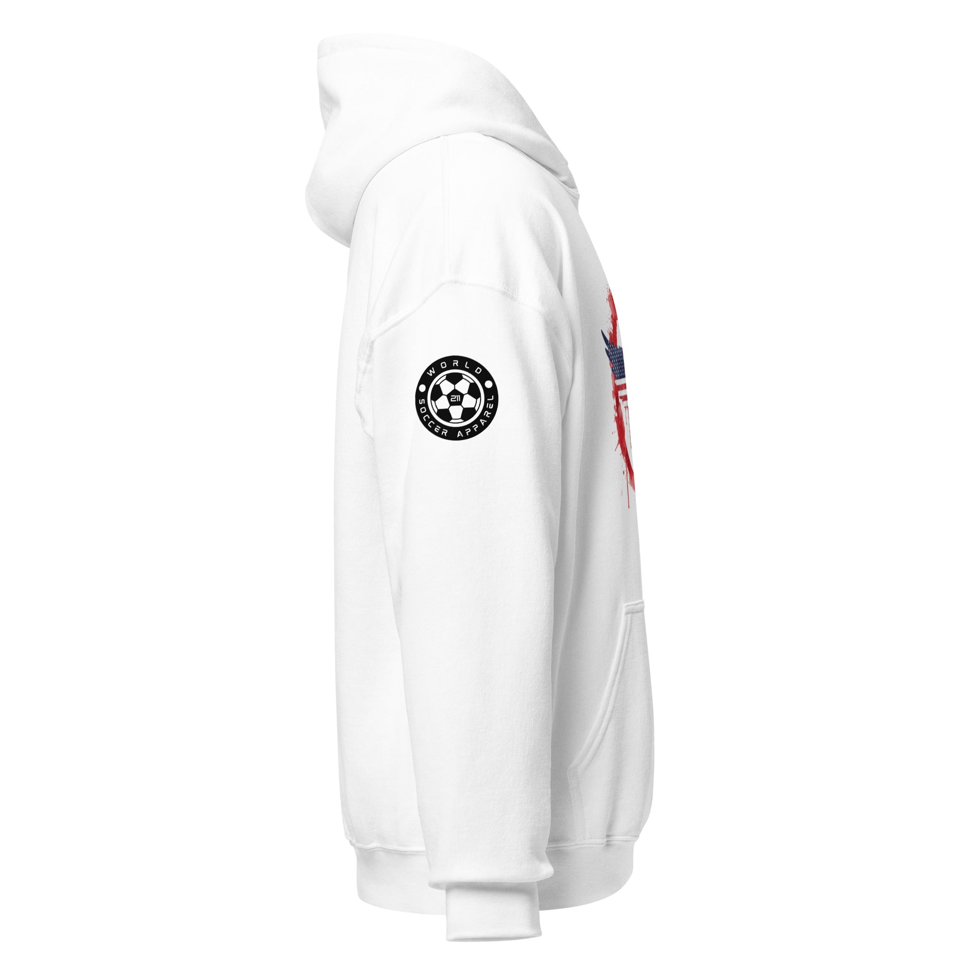 White hoodie with a logo on the sleeve against a white background