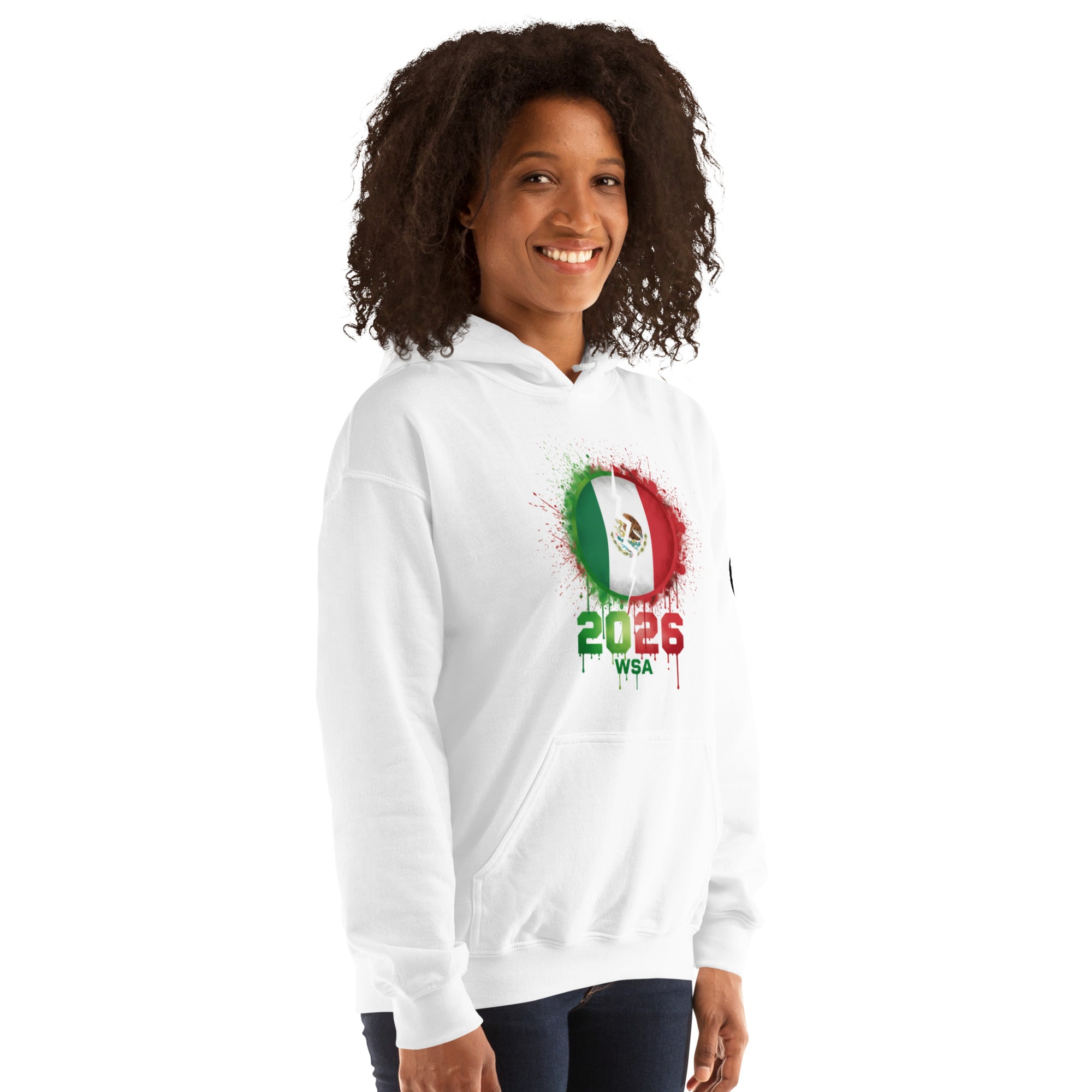 Person wearing a white hoodie with a colorful design on a white background