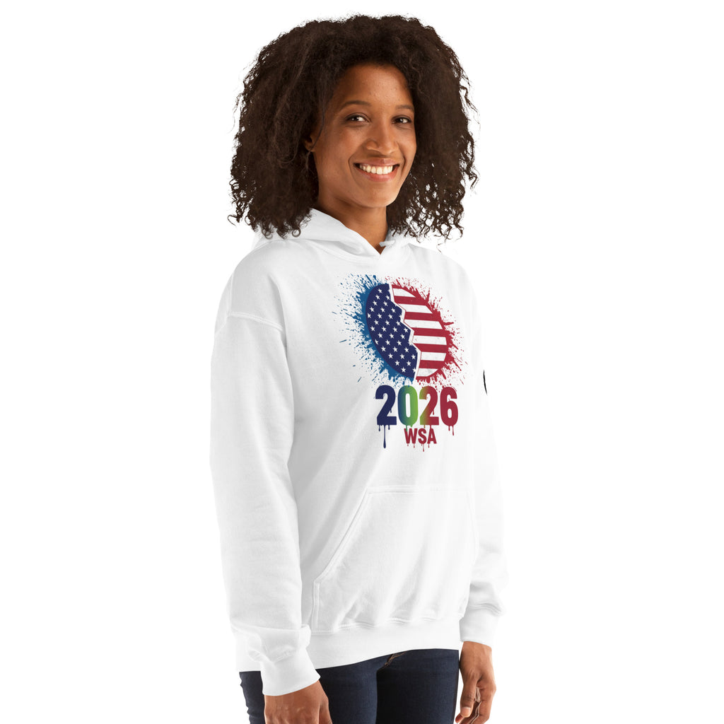 Person wearing a white hoodie with a colorful design on a white background