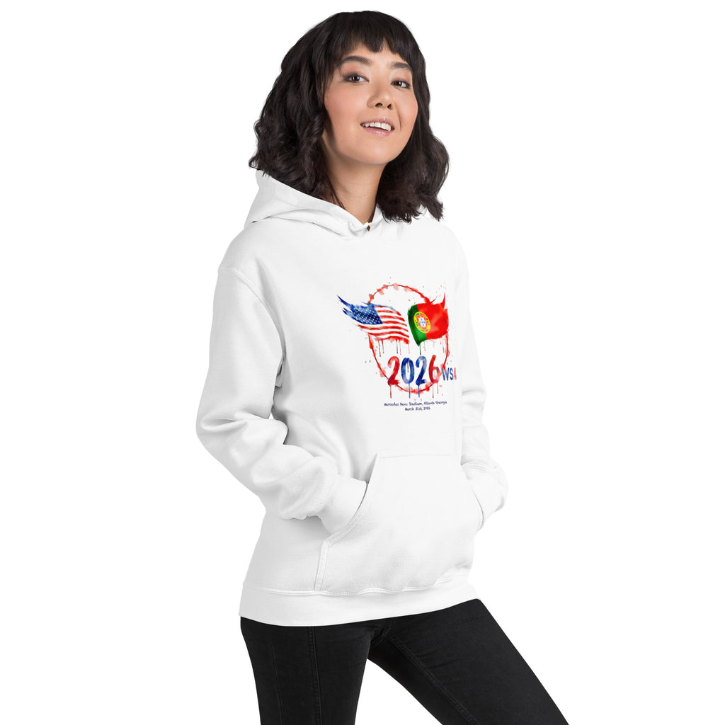 Person wearing a white hoodie with a 2026 design on a white background