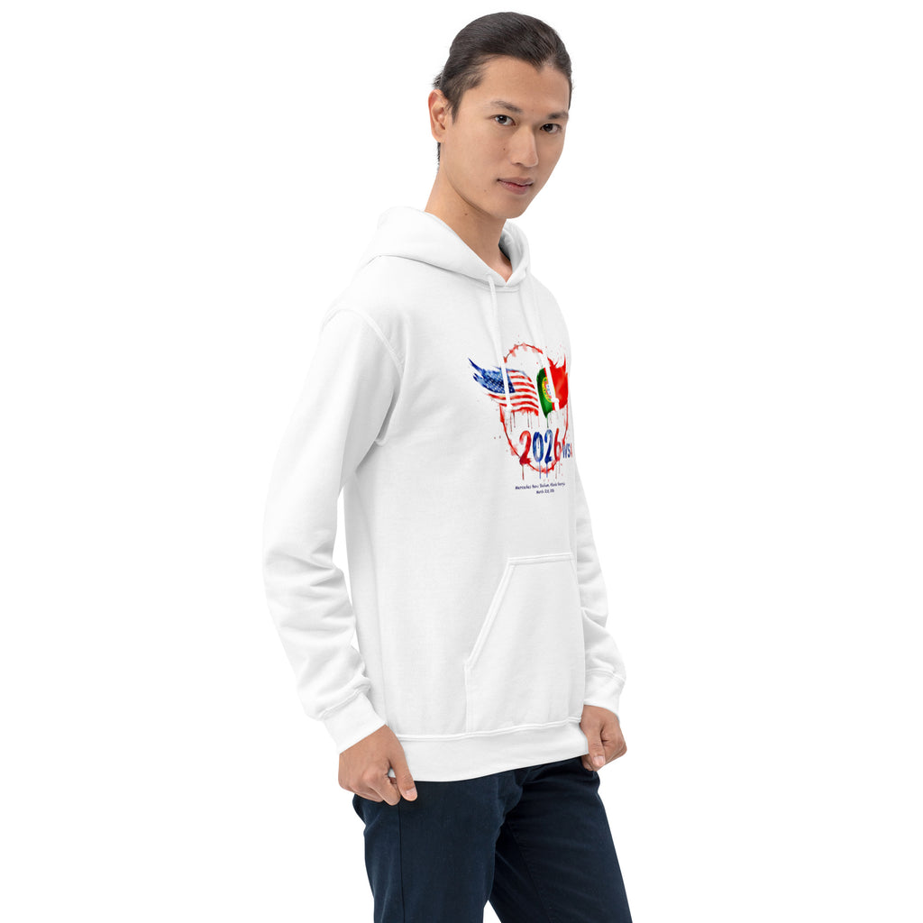 Person wearing a white hoodie with a colorful graphic design on a white background