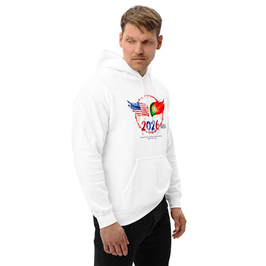 Man wearing a white hoodie with a design on a white background