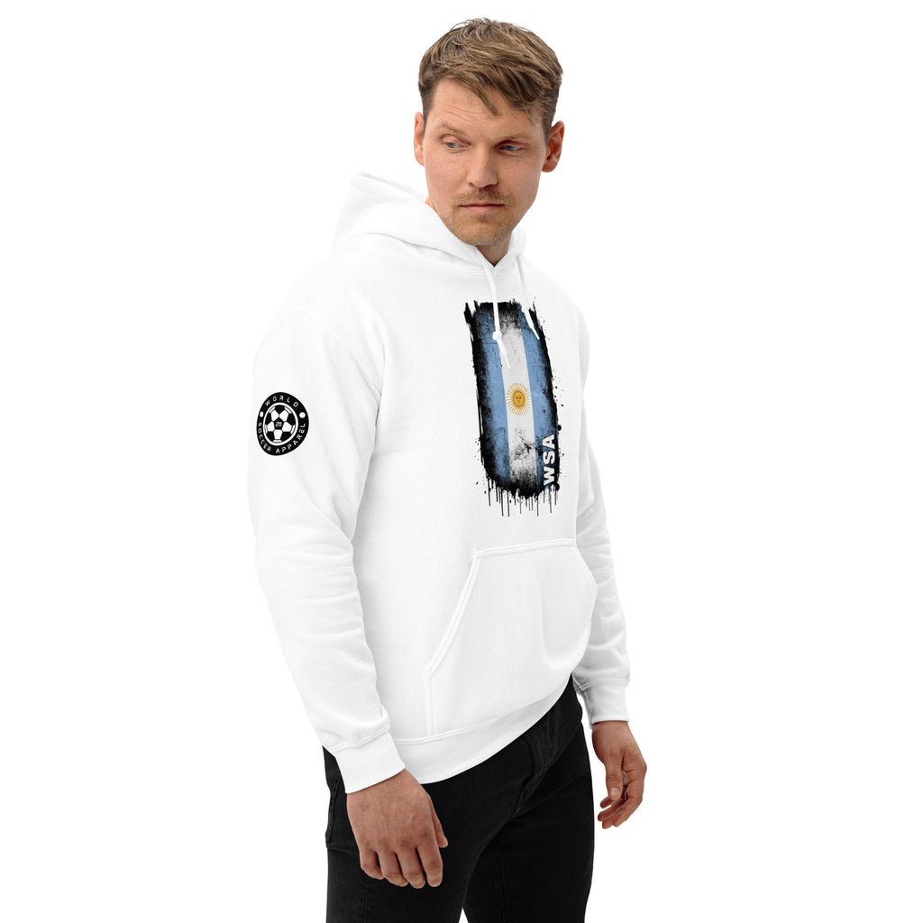 Person wearing a white hoodie with a graphic design on a white background