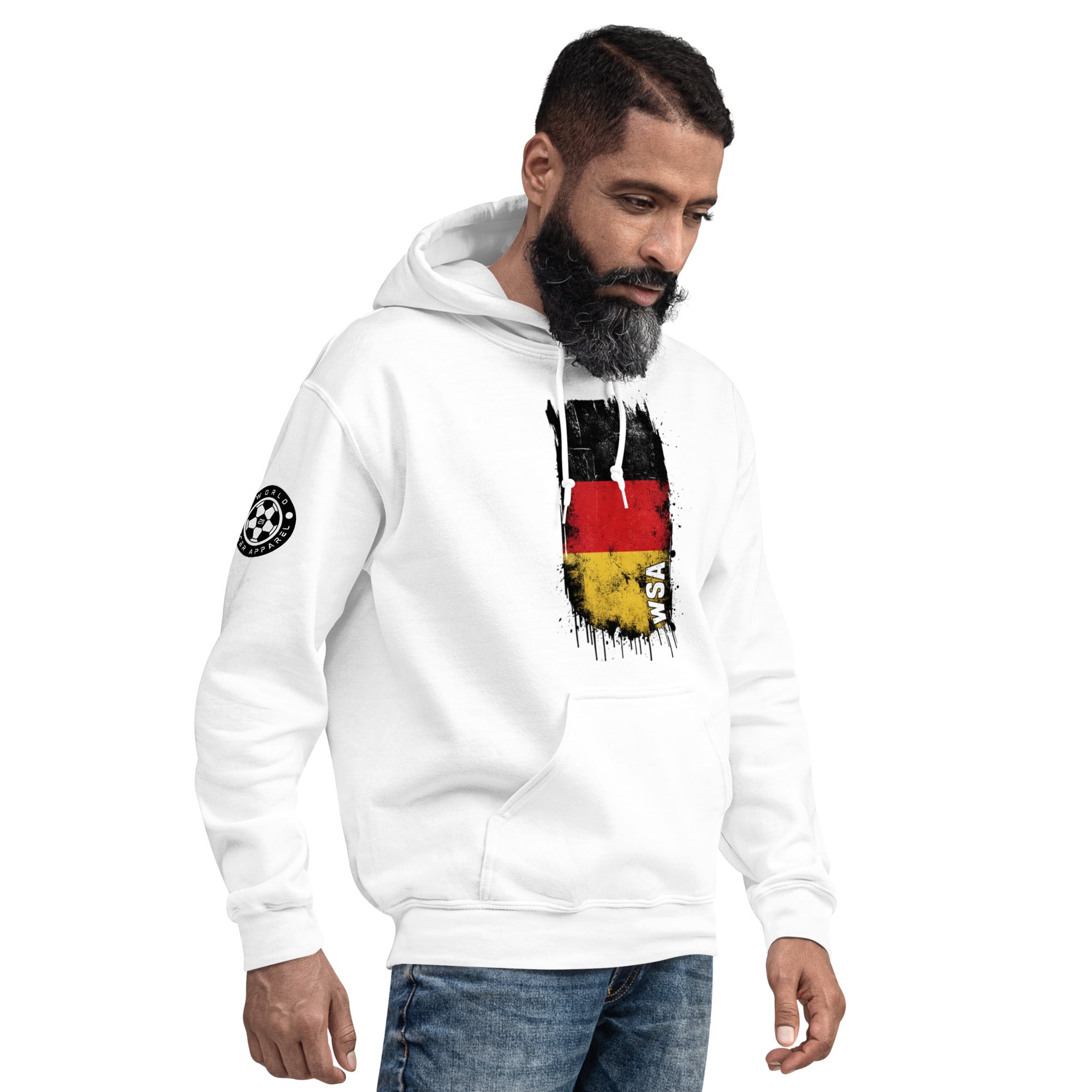 Man wearing a white hoodie with a graphic design on a white background