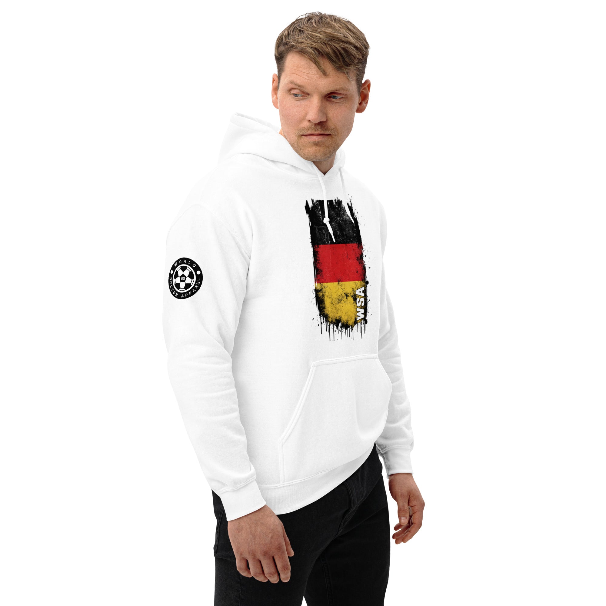 Person wearing a white hoodie with a graphic design on a white background