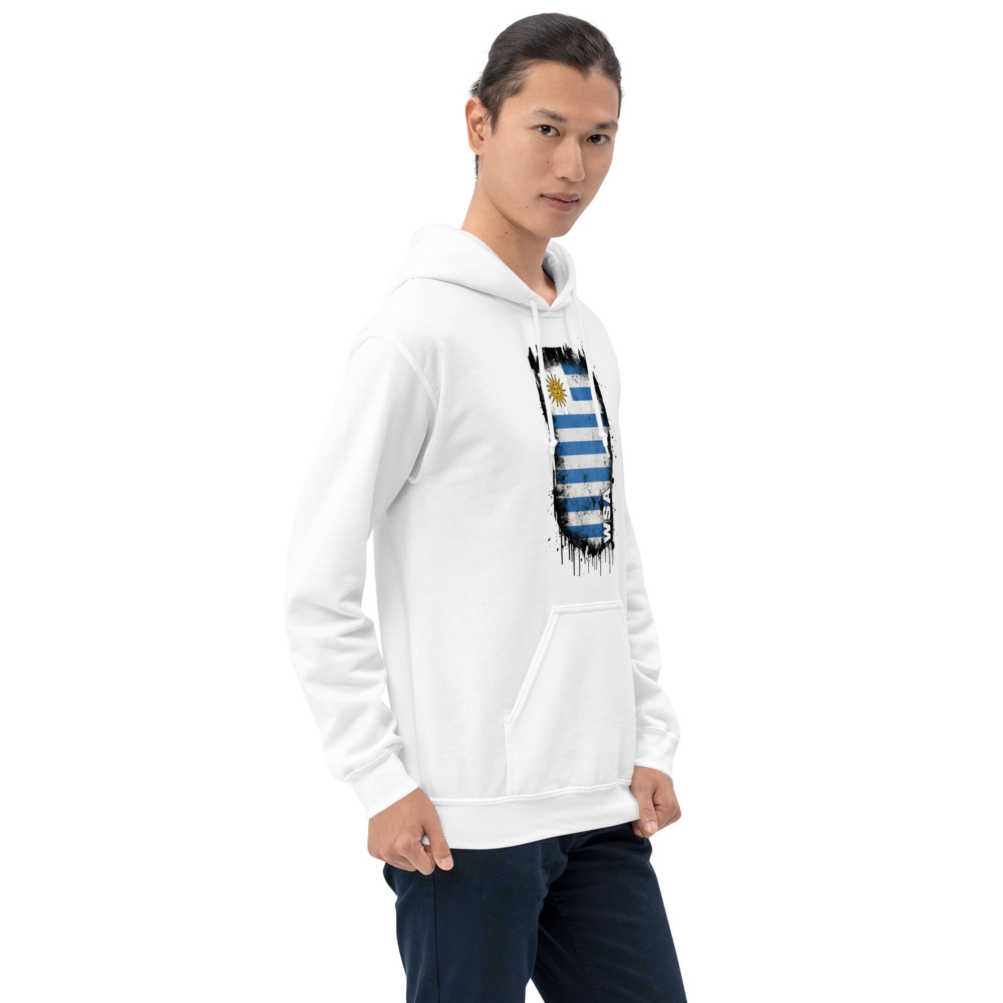 Person wearing a white hoodie with a graphic design on a white background
