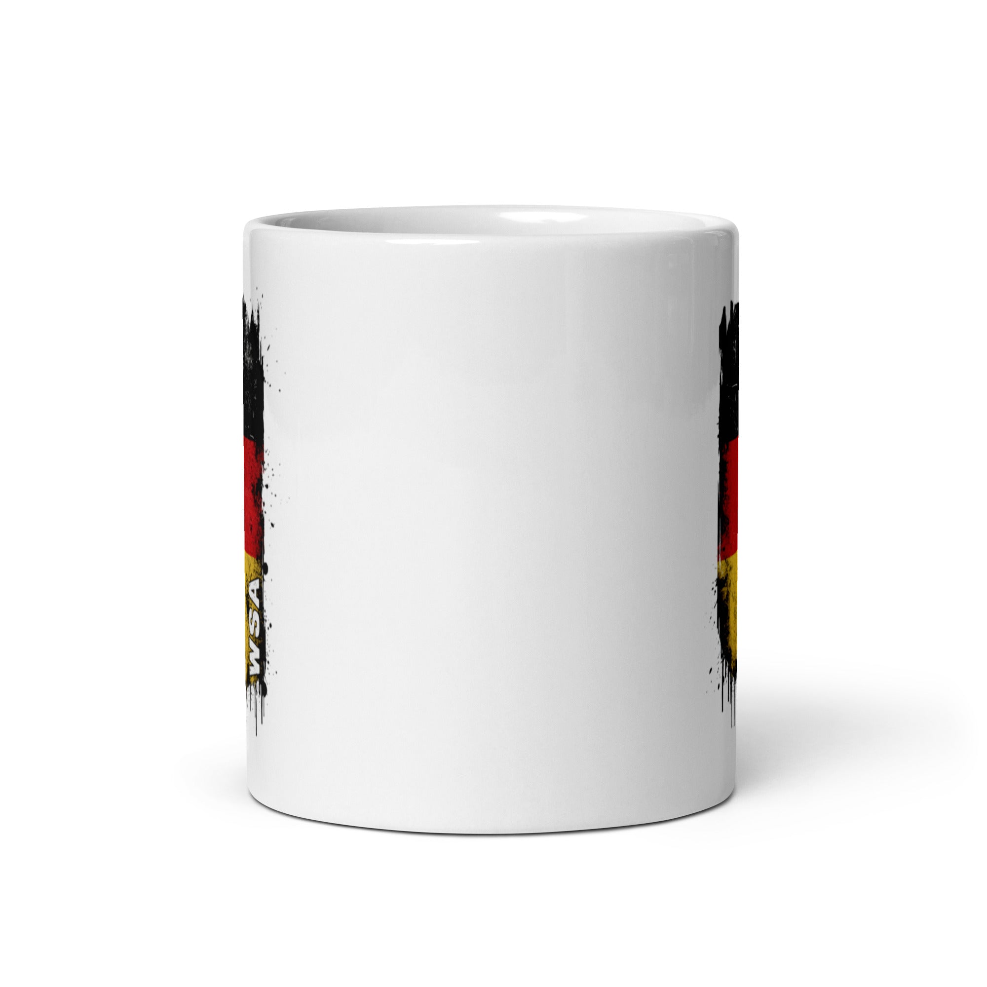 White mug with a colorful design on a white background