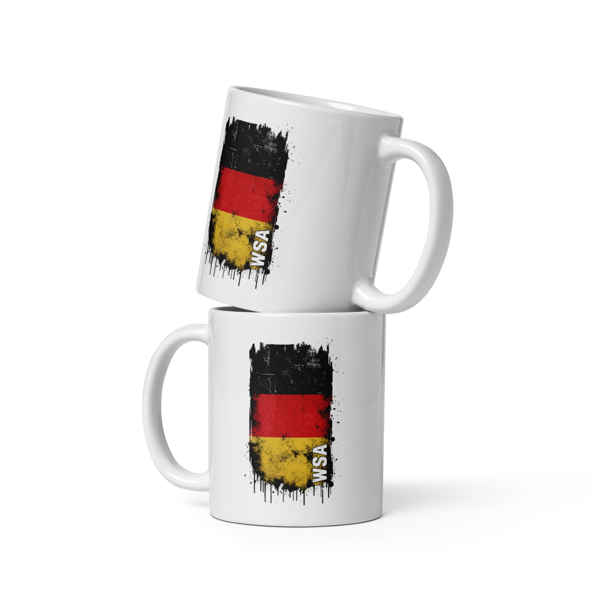 Two white mugs with a German flag design and 'WSA' text on a white background