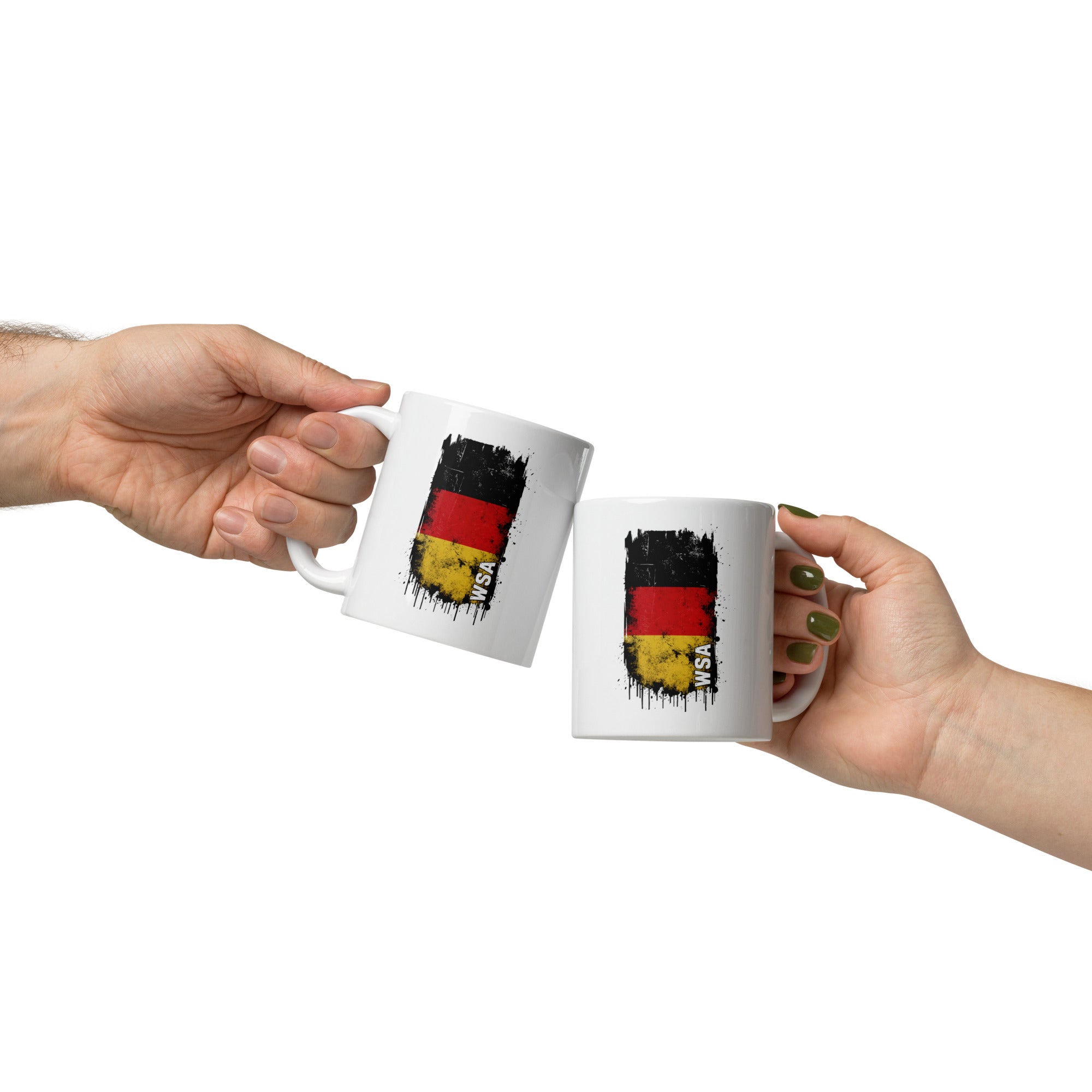 Two hands holding white mugs with a black, red, and yellow design on a white background