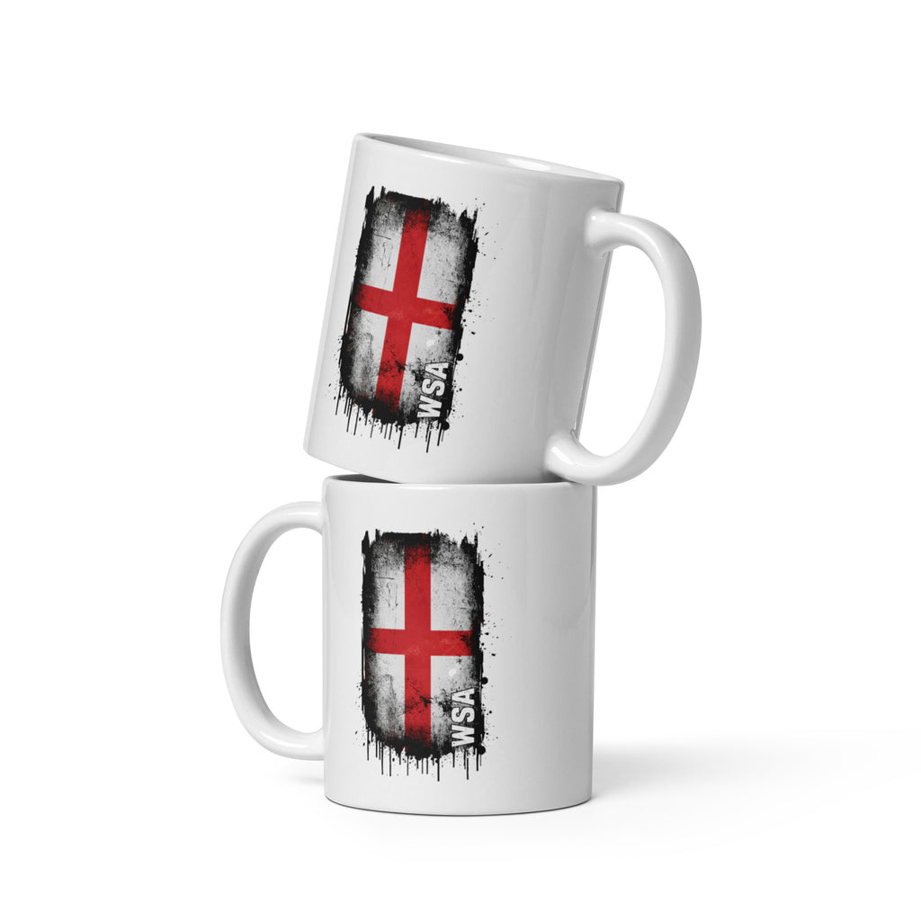 Two white mugs with a black and red flag design on a white background