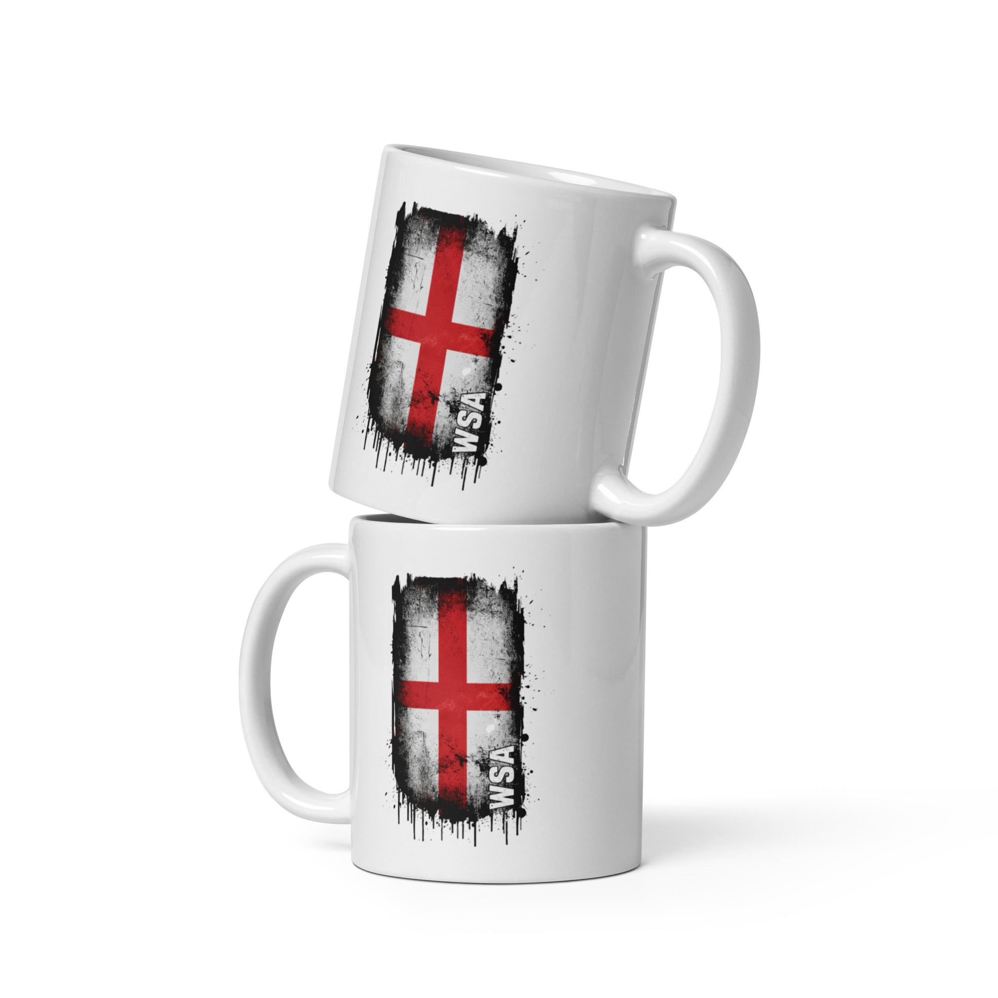 Two white mugs with a black and red flag design on a white background