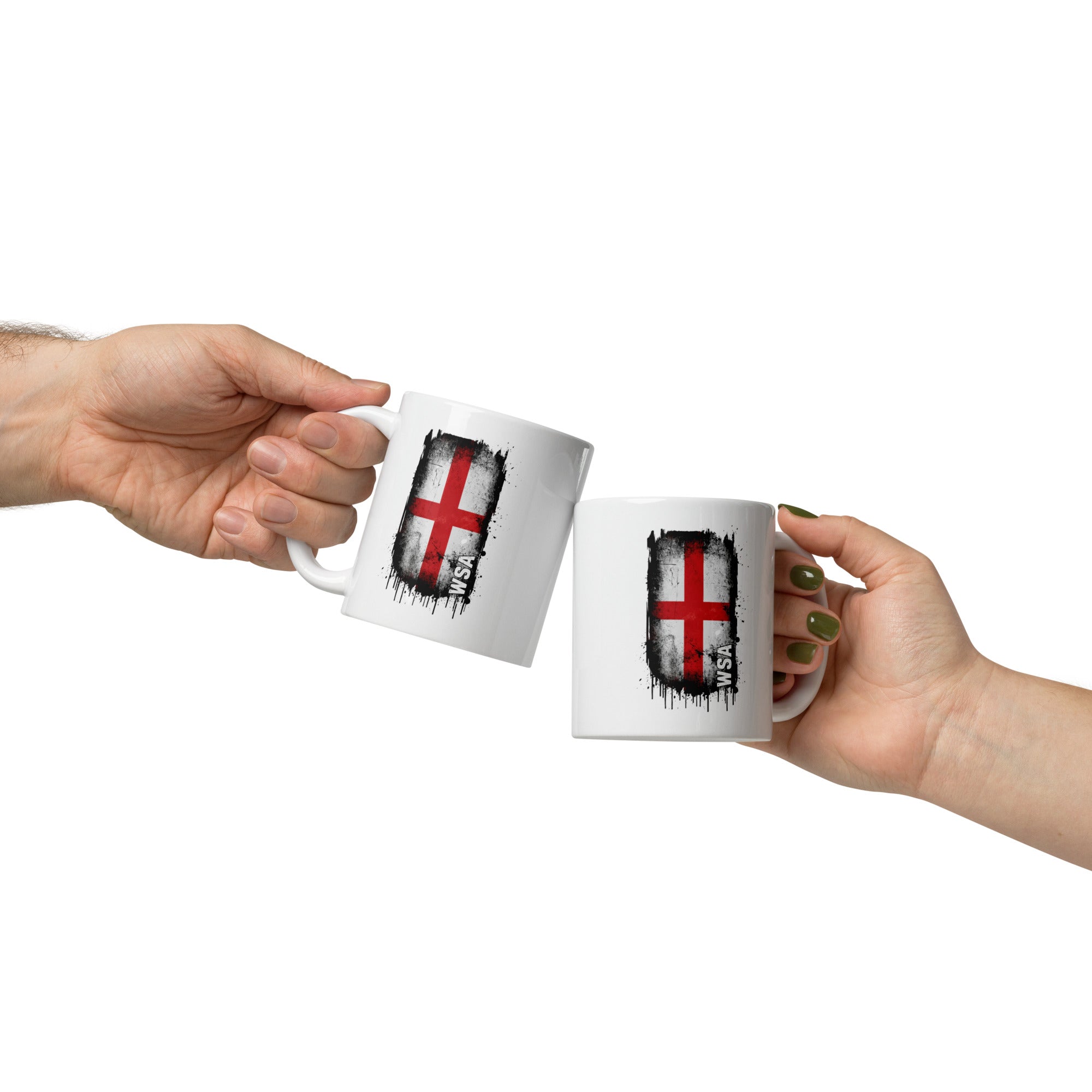 Two hands holding white mugs with a flag design on a white background