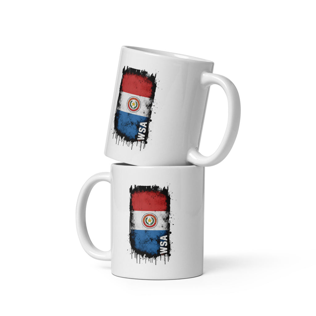 Two white mugs with a flag design and 'WSA' text on a white background