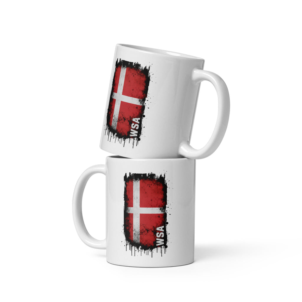 Two white mugs with Danish flag design on a white background