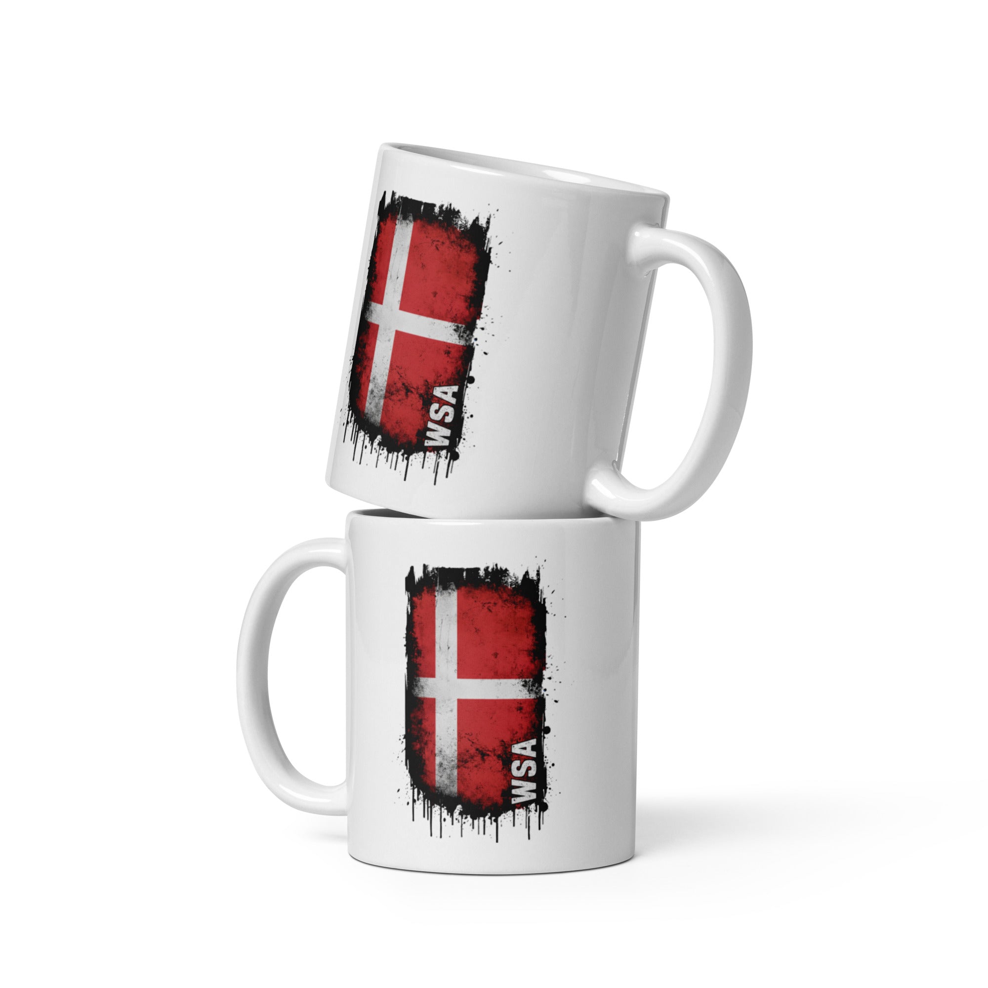 Two white mugs with Danish flag design on a white background