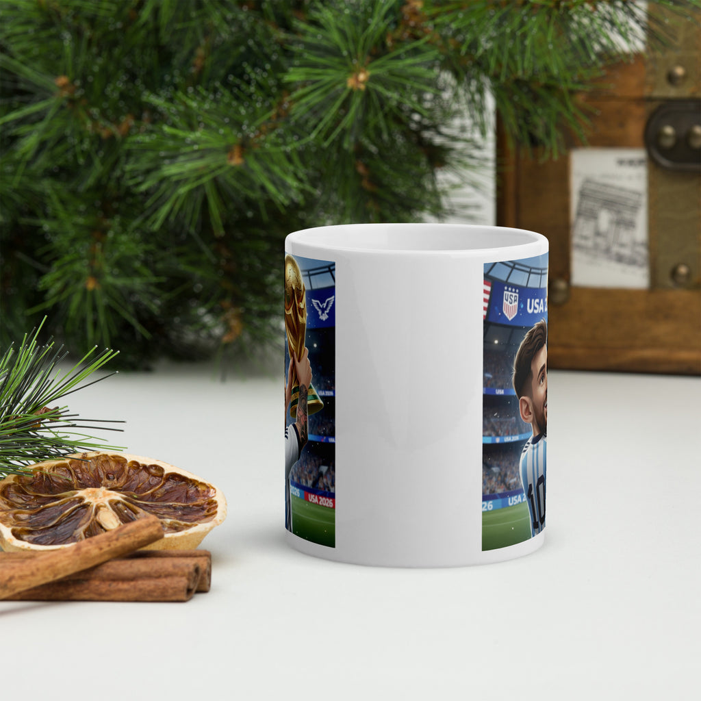 White mug with sports-themed design featuring athletes, placed on a surface with decorative elements.