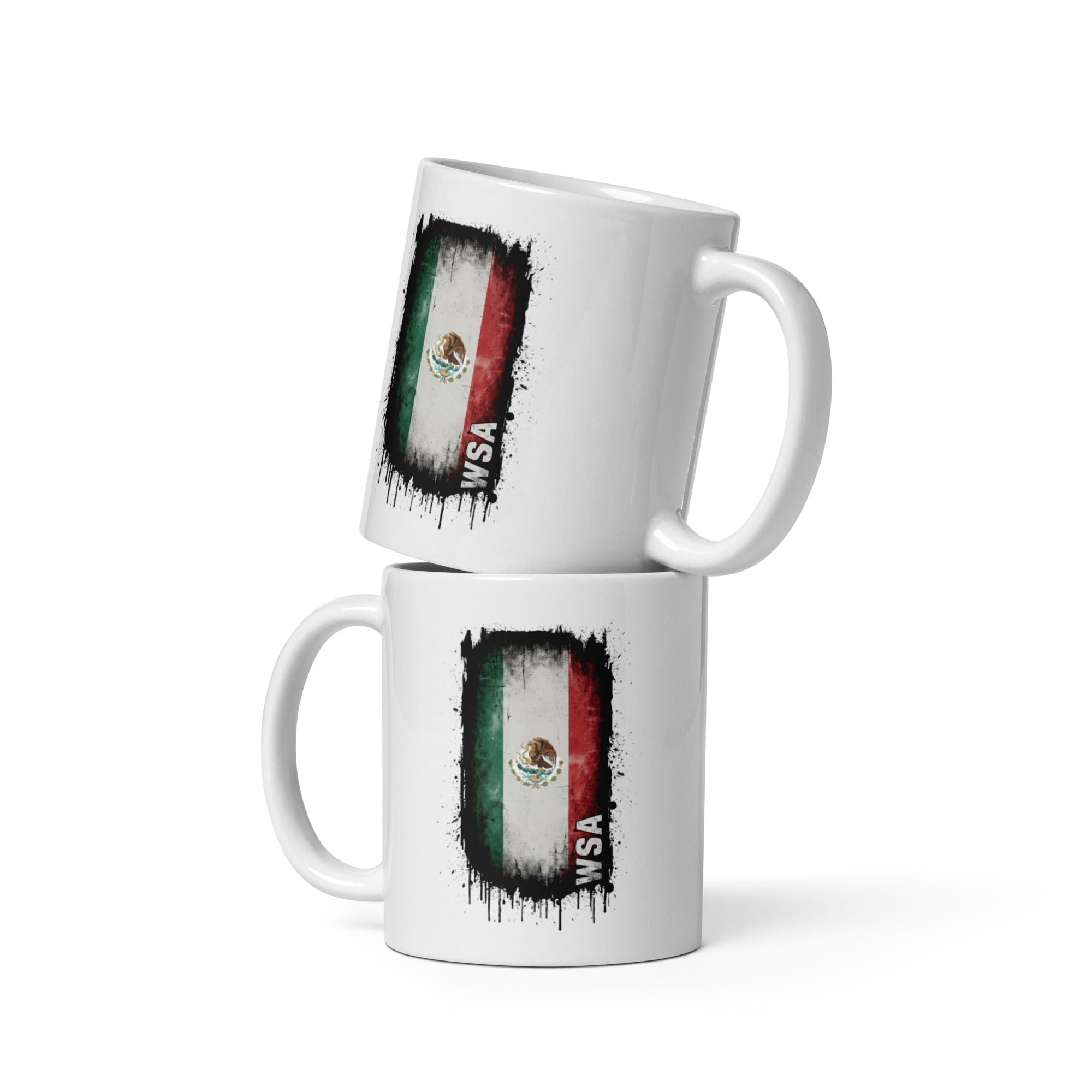 Two white mugs with Mexican flag design on a white background