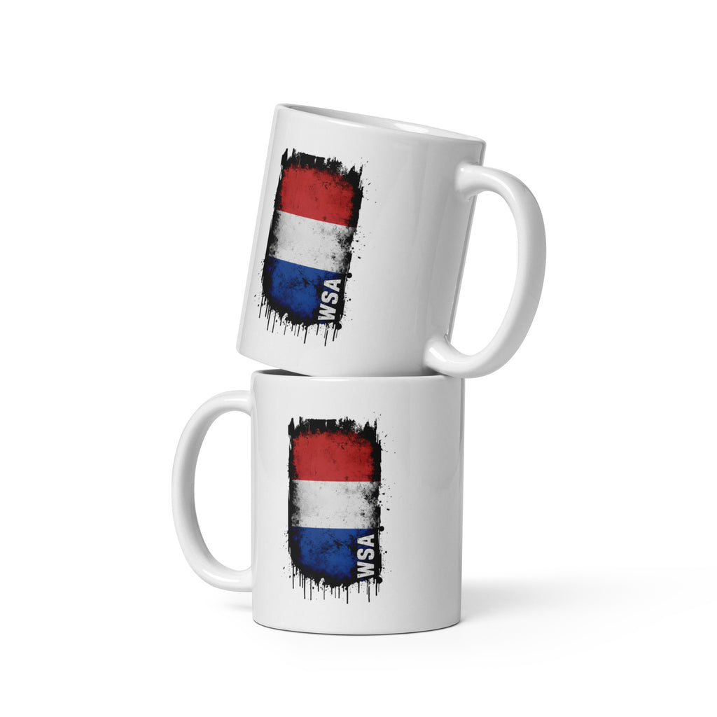 Two white mugs with a flag design and 'WSA' text on a white background