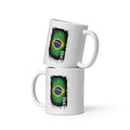Two white mugs with Brazilian flag design on a white background