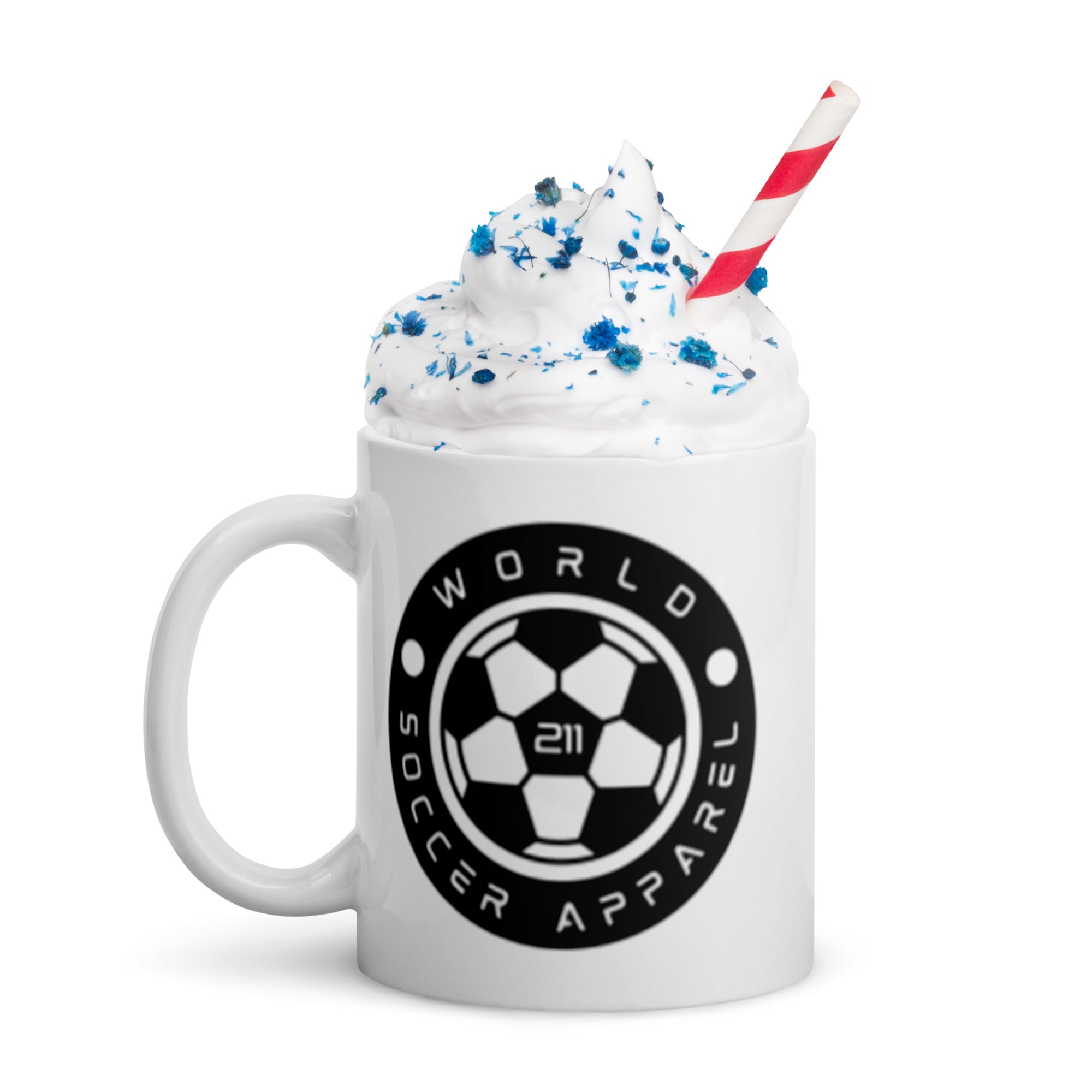 Mug with World Soccer Apparel logo filled with a milkshake and a straw on a white background