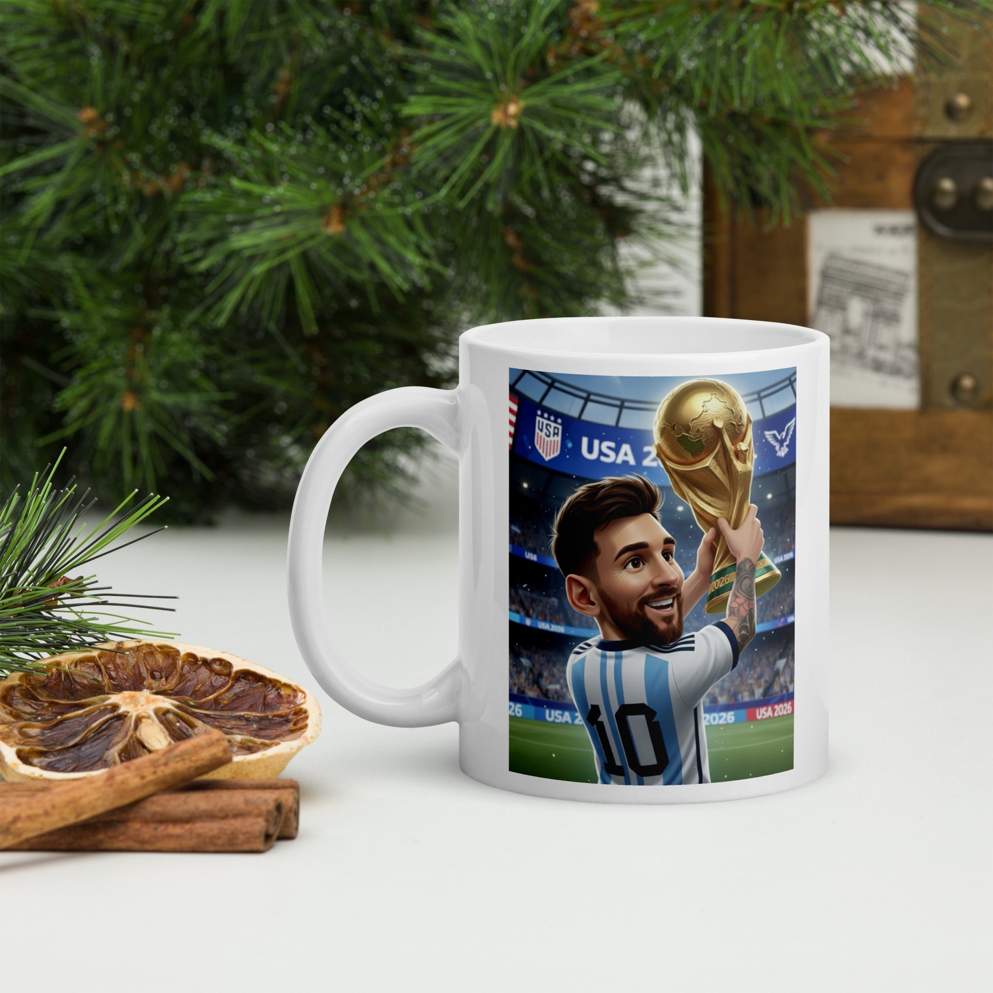 Mug with a soccer player holding a trophy design, placed on a surface with decorative elements.