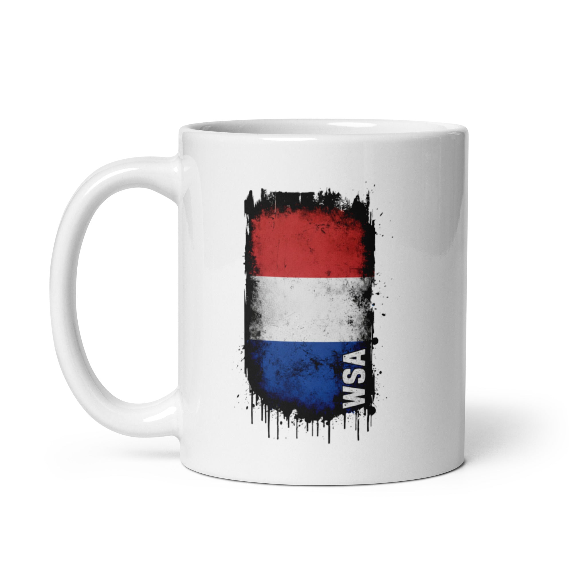 White mug with a flag design and 'WSA' text on a white background