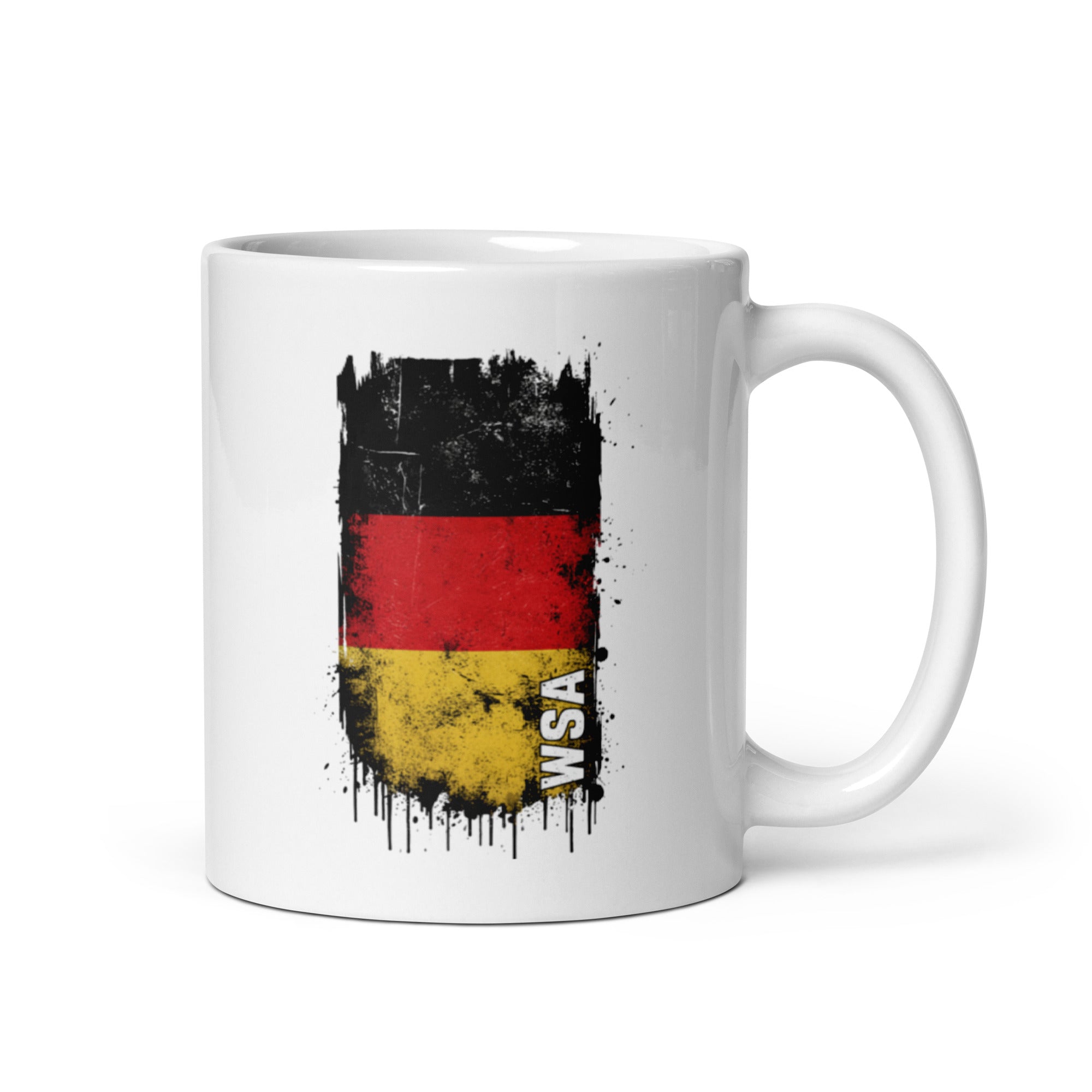 White mug with a black, red, and yellow design resembling the German flag on a white background