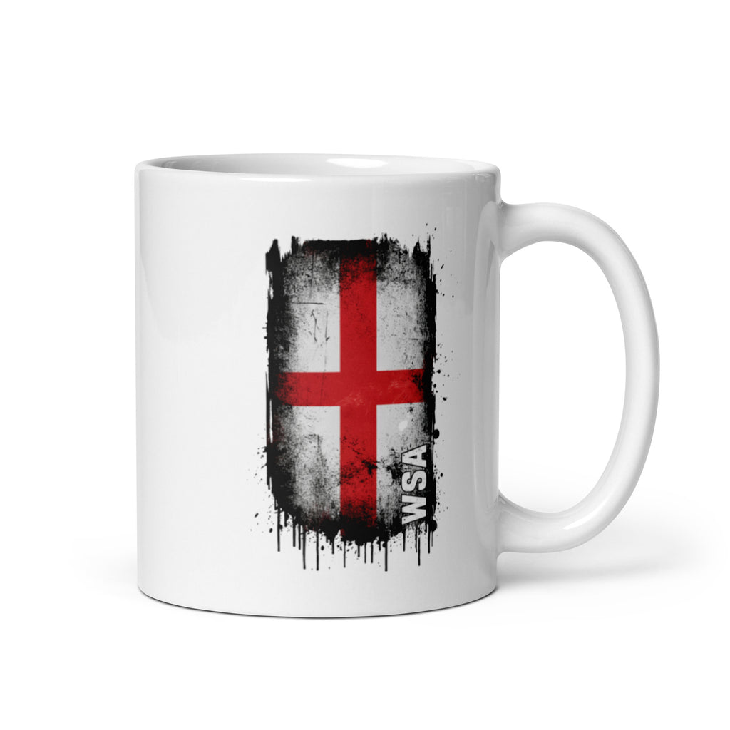 White mug with a black and red flag design on a white background