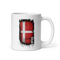 White mug with Danish flag design on a white background