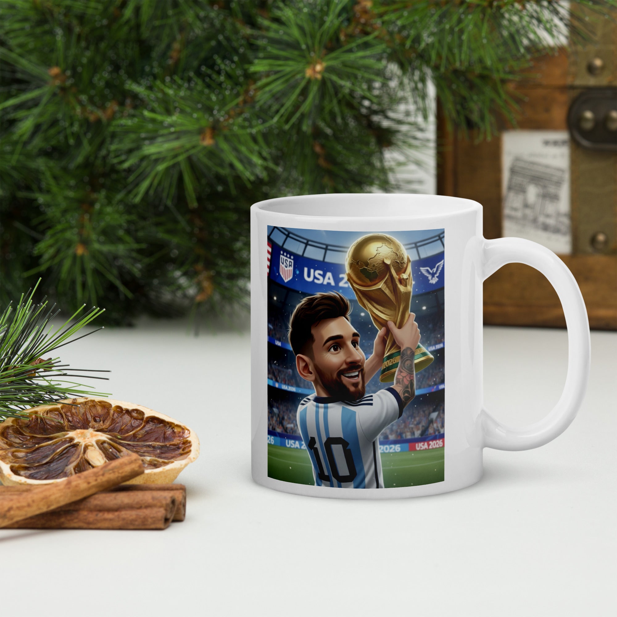 Mug with a soccer player holding a trophy design, placed on a surface with decorative elements.