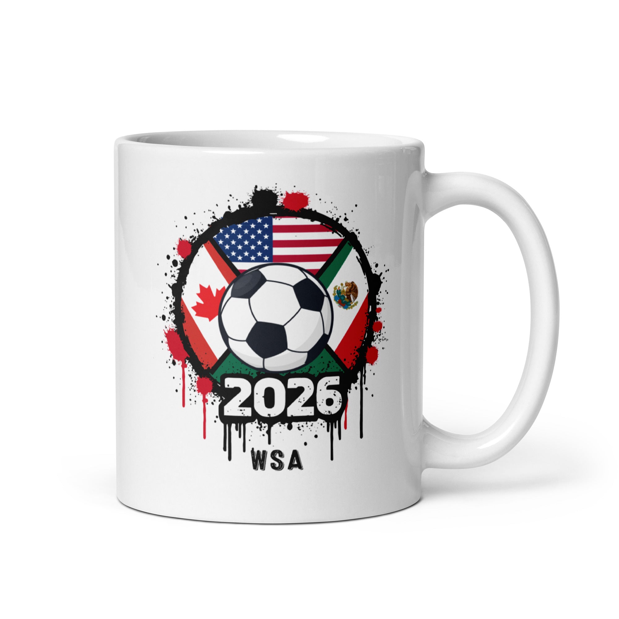 White mug with soccer ball design featuring flags and '2026 WSA' text on a white background