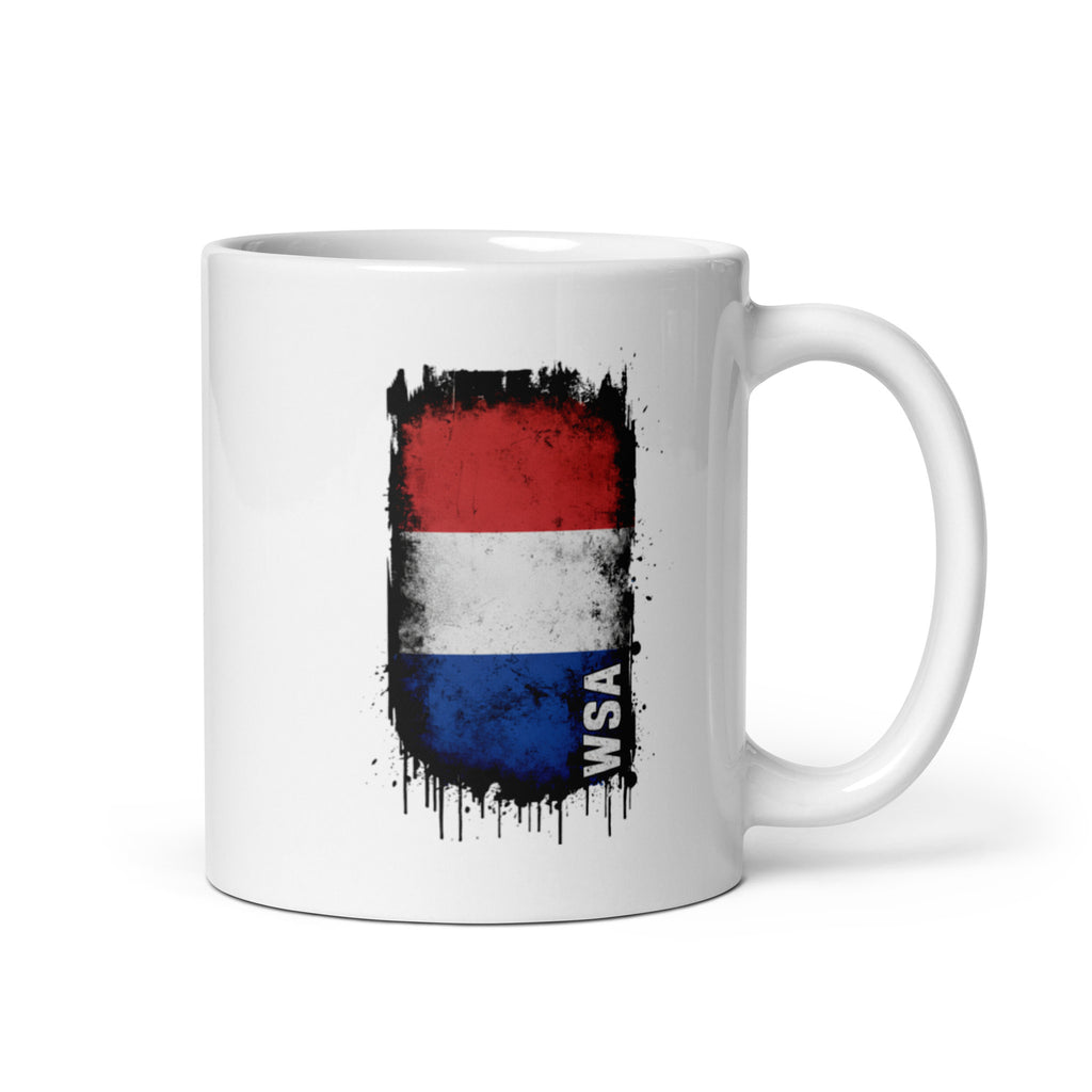 White mug with a red, white, and blue design and 'WSA' text on a white background