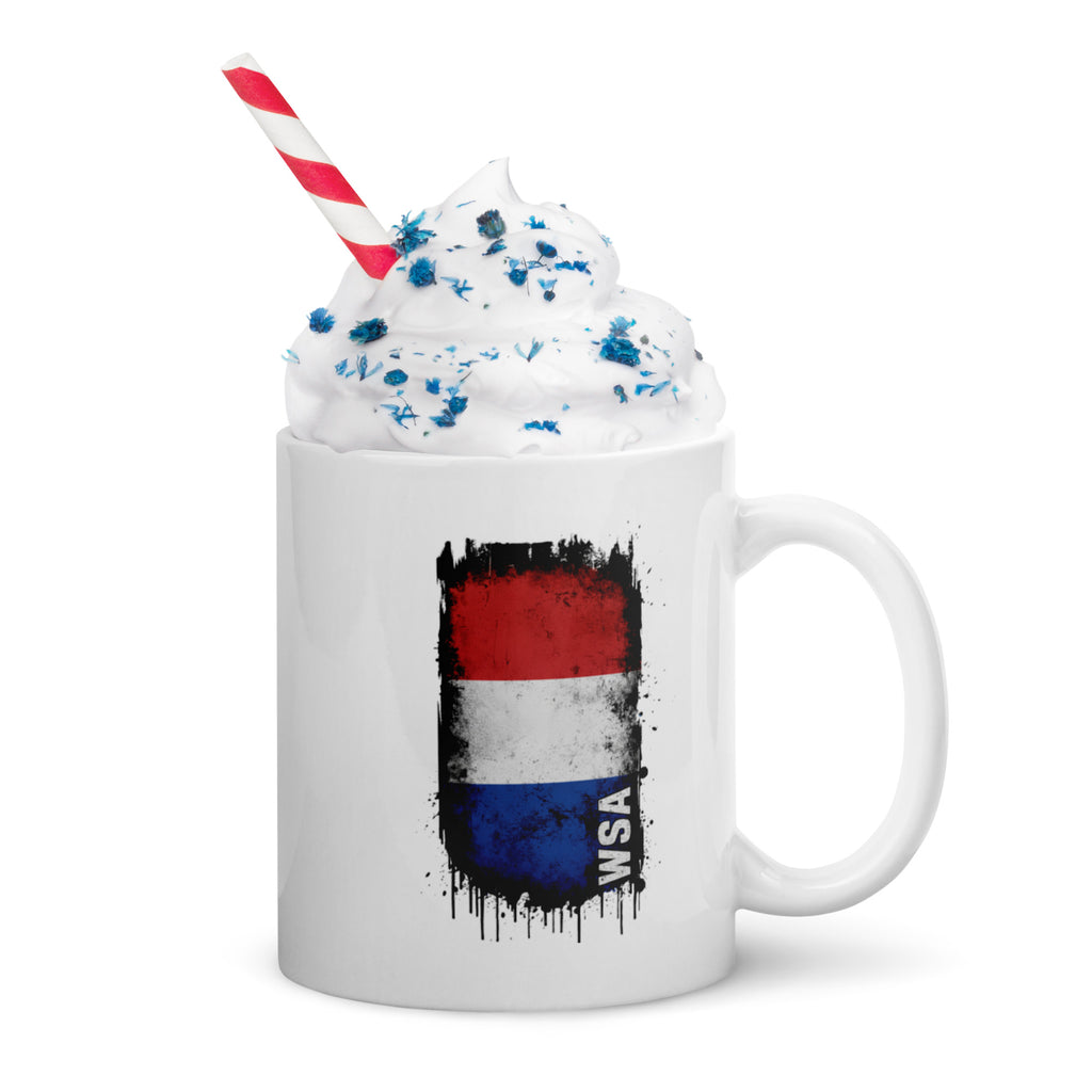 White mug with a red, white, and blue design and 'WSA' text on a white background