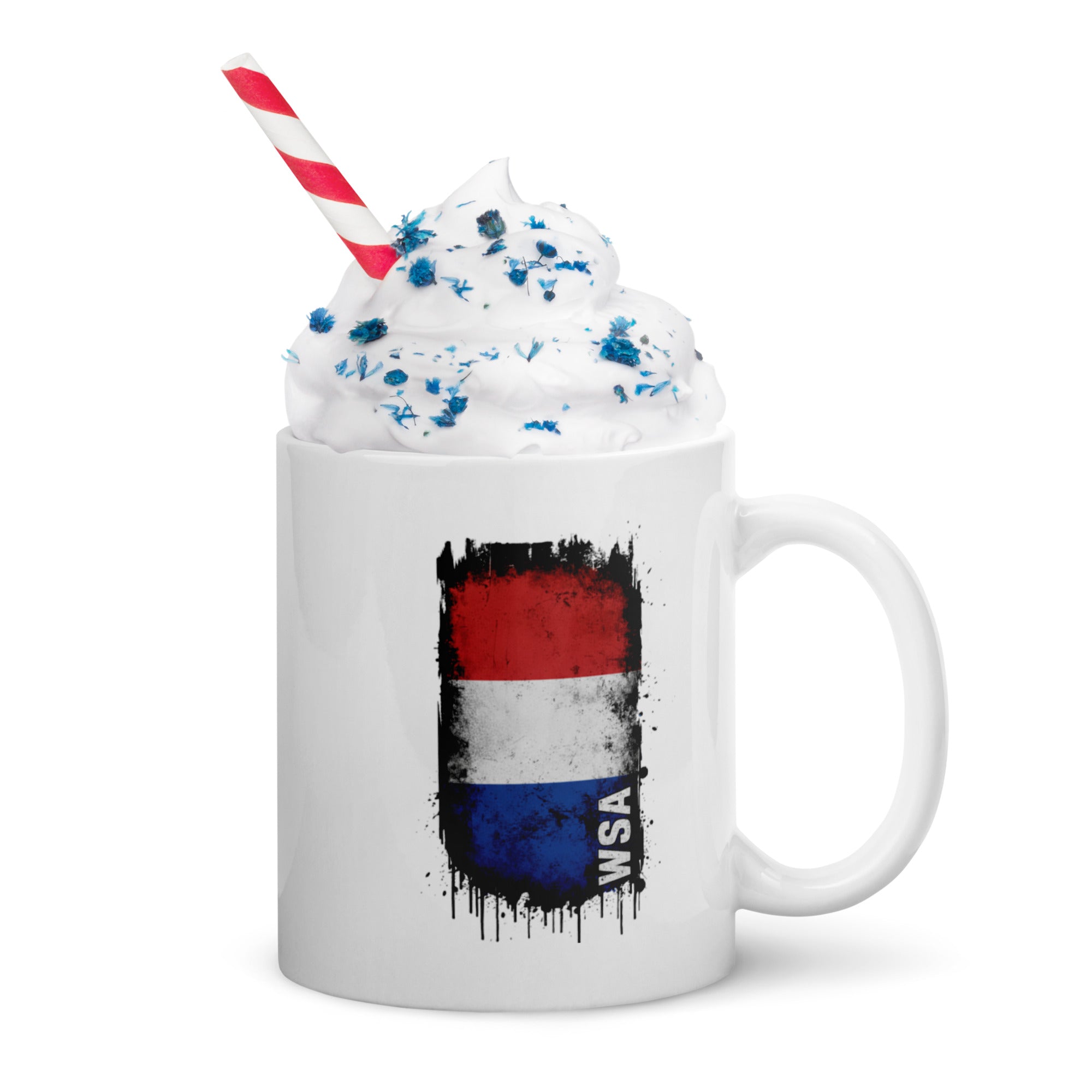White mug with a red, white, and blue design and 'WSA' text on a white background
