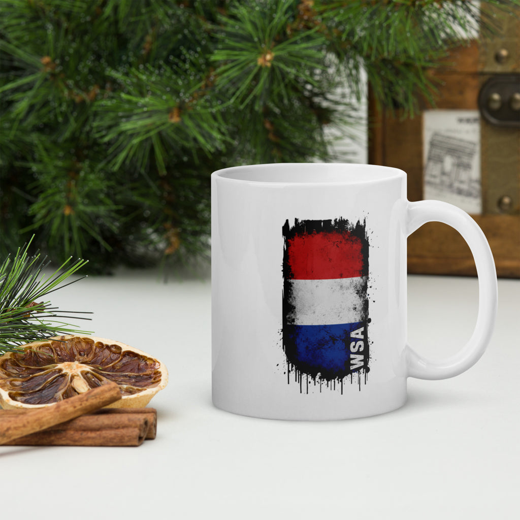 White mug with a red, white, and blue design and 'WSA' text on a white background