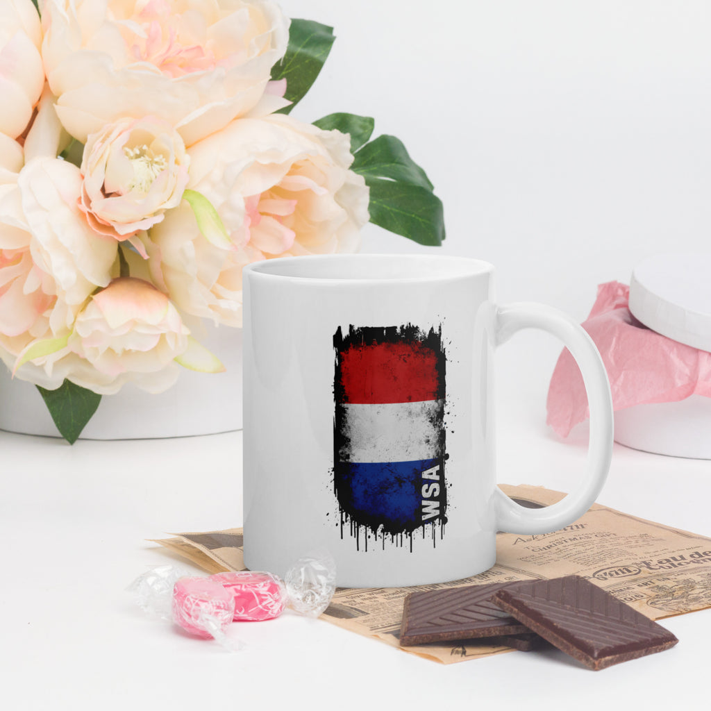 White mug with a red, white, and blue design and 'WSA' text on a white background