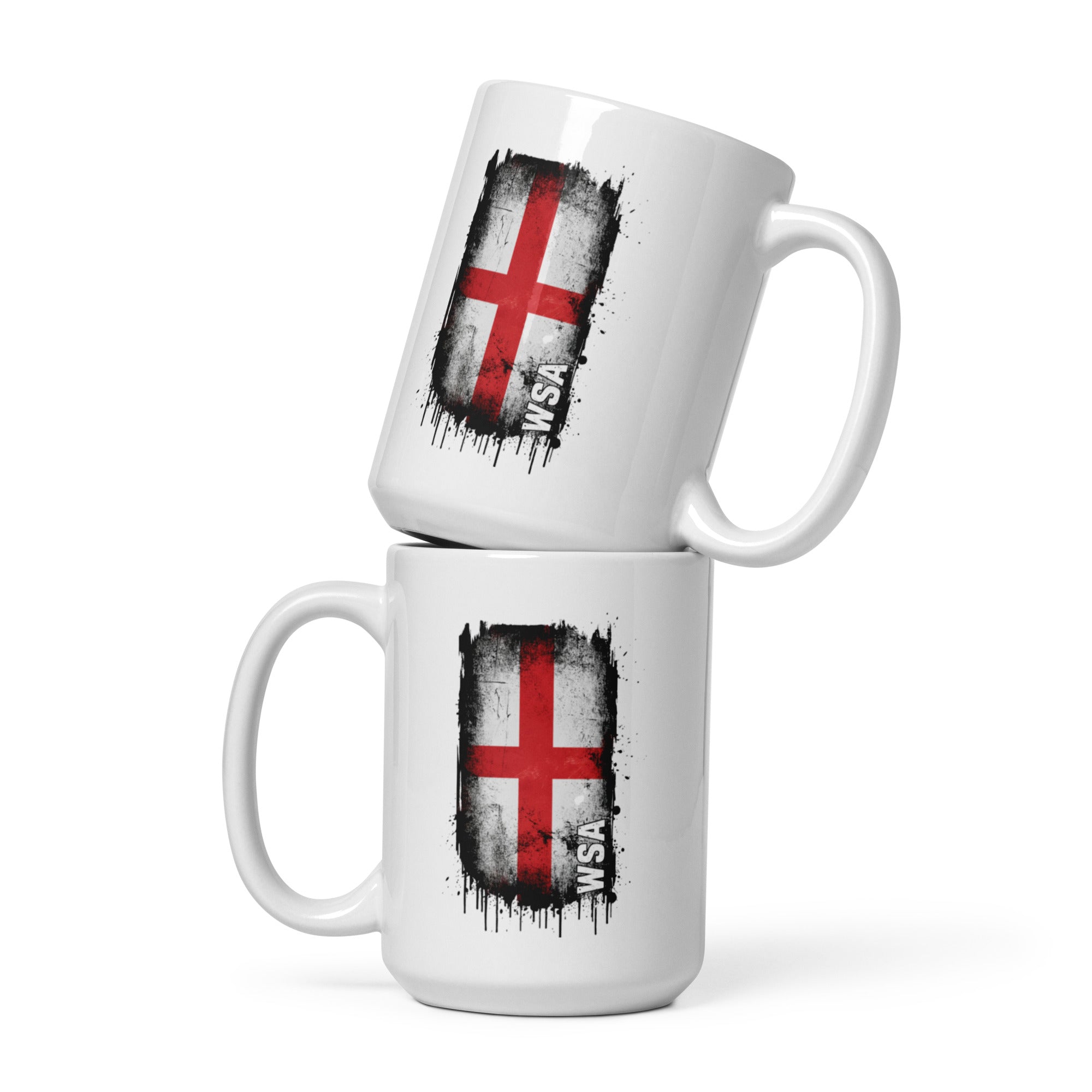 Two white mugs with a flag design and 'WSA' text on a white background