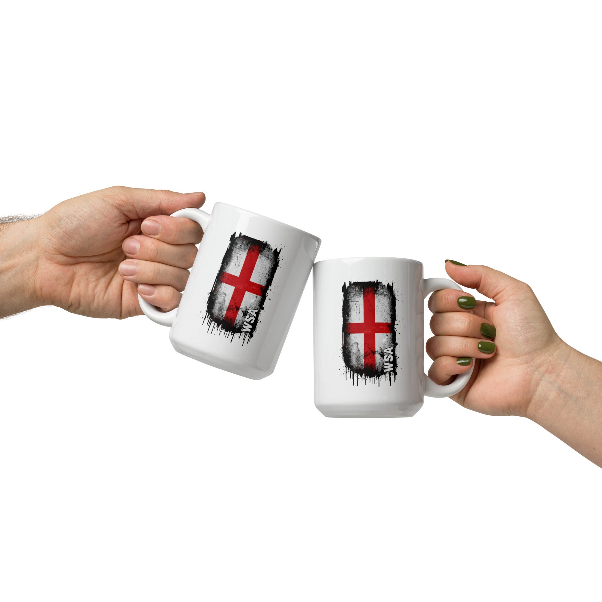 Two hands holding white mugs with a flag design on a white background