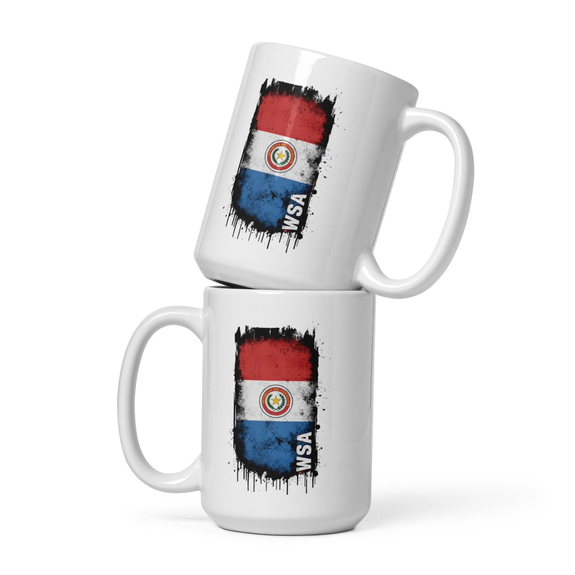 Two white mugs stacked with a flag design and 'WSA' text on a white background