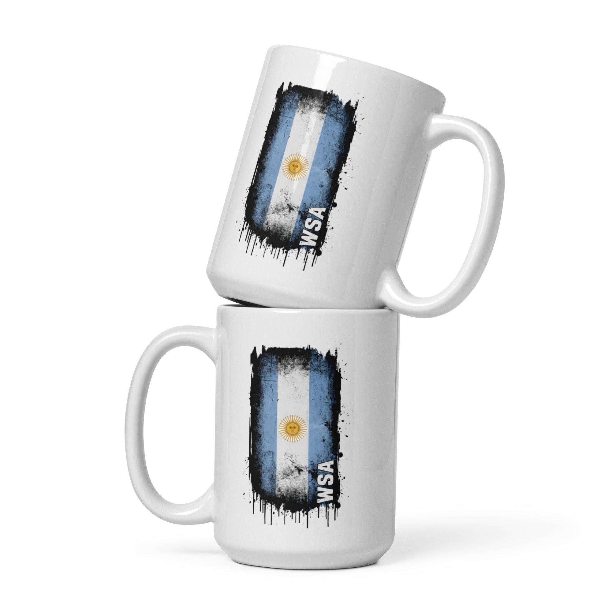 Two stacked mugs with a design of a flag and 'WSA' text on a white background