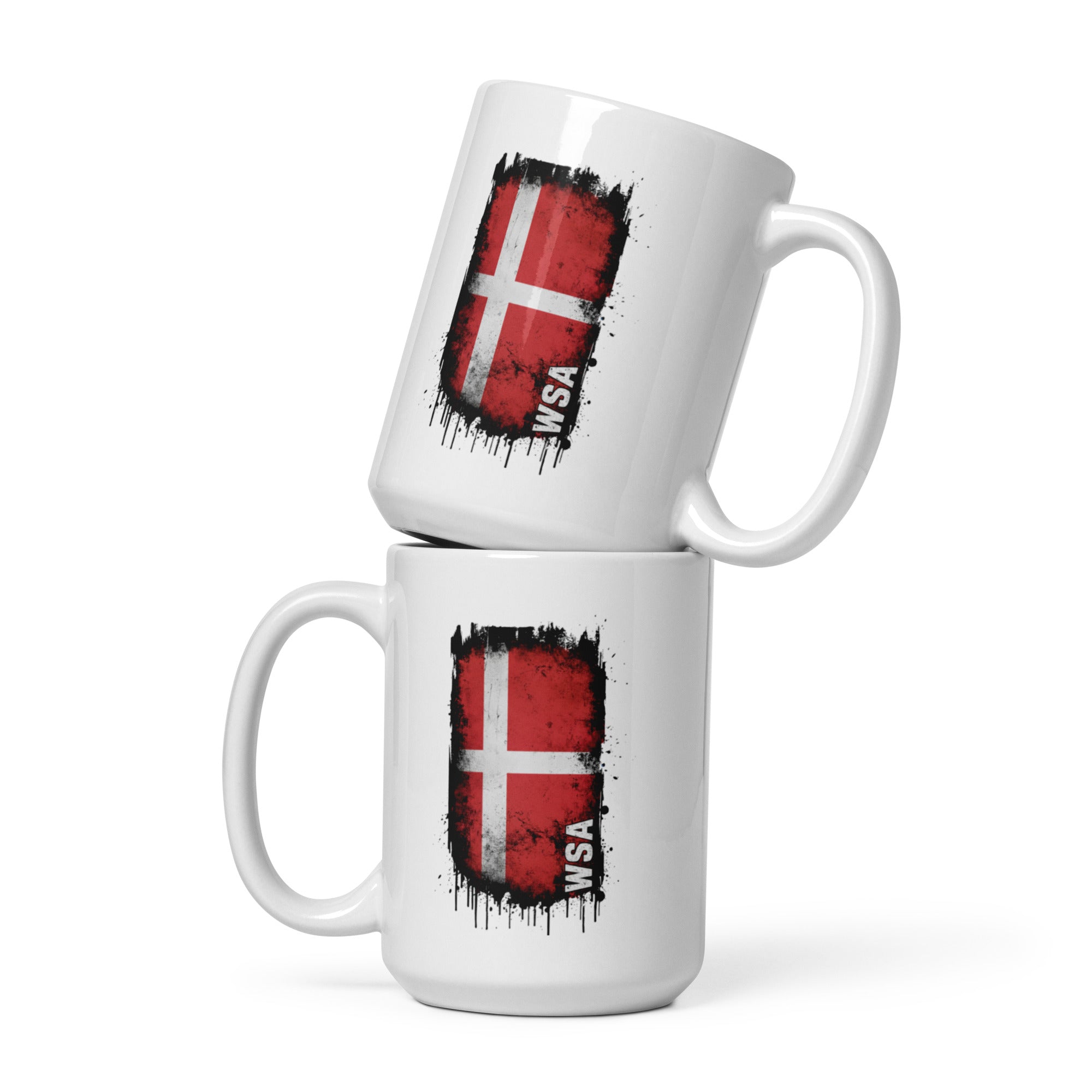 Two stacked mugs with a Danish flag design on a white background