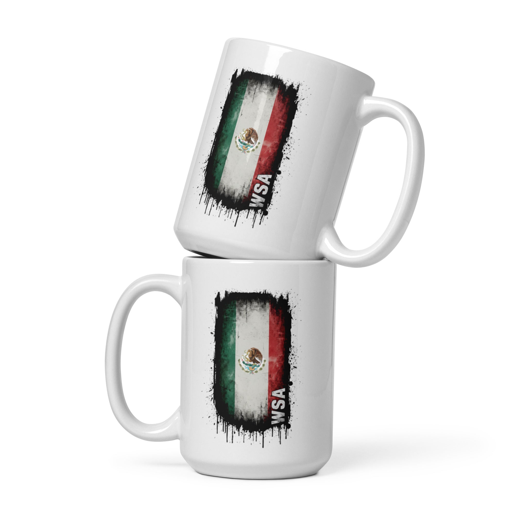 Two white mugs with a Mexican flag design and 'WSA' text on a white background
