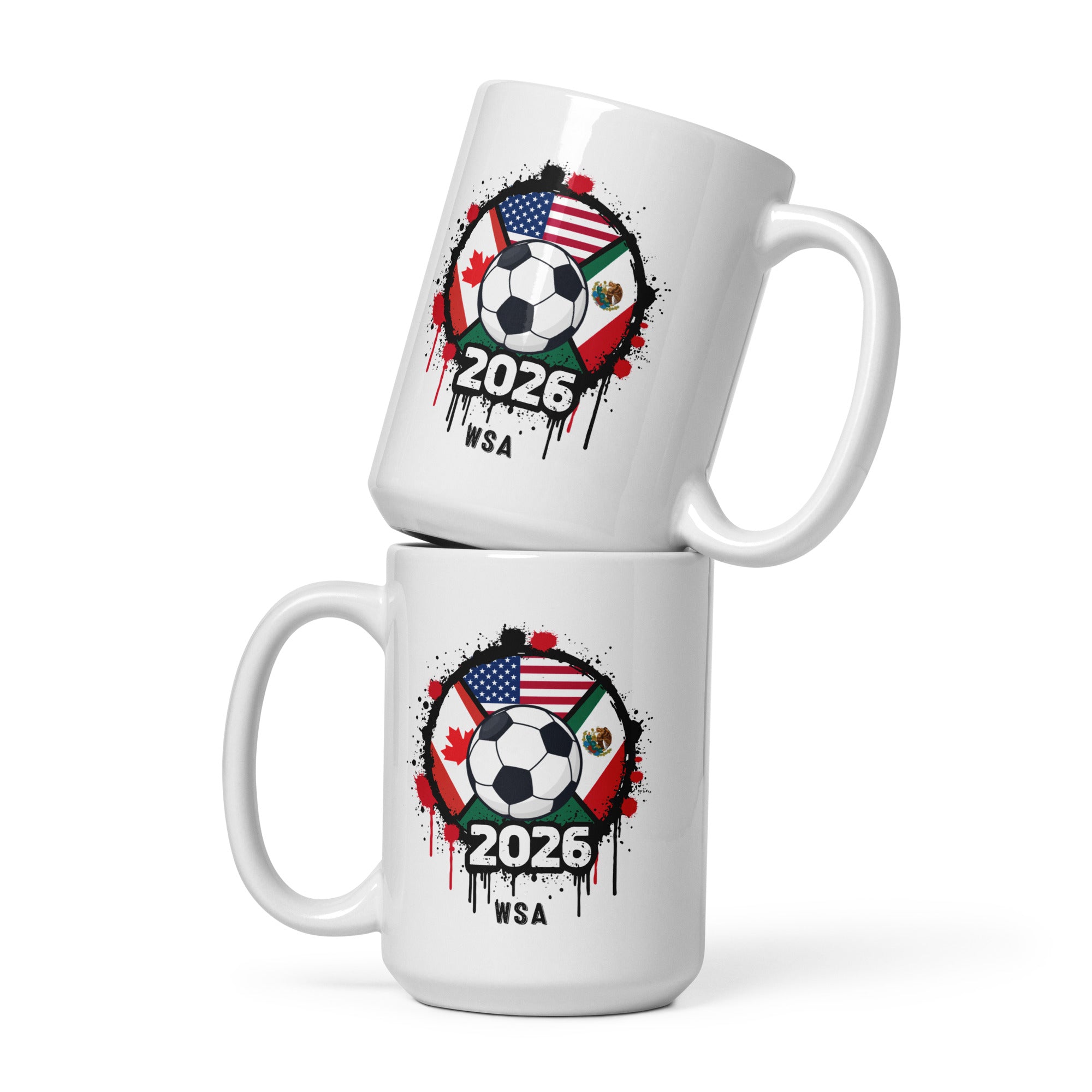 Two stacked white mugs with soccer ball design featuring USA, Mexico, and Canada flags and '2026 WSA' text on a white background.