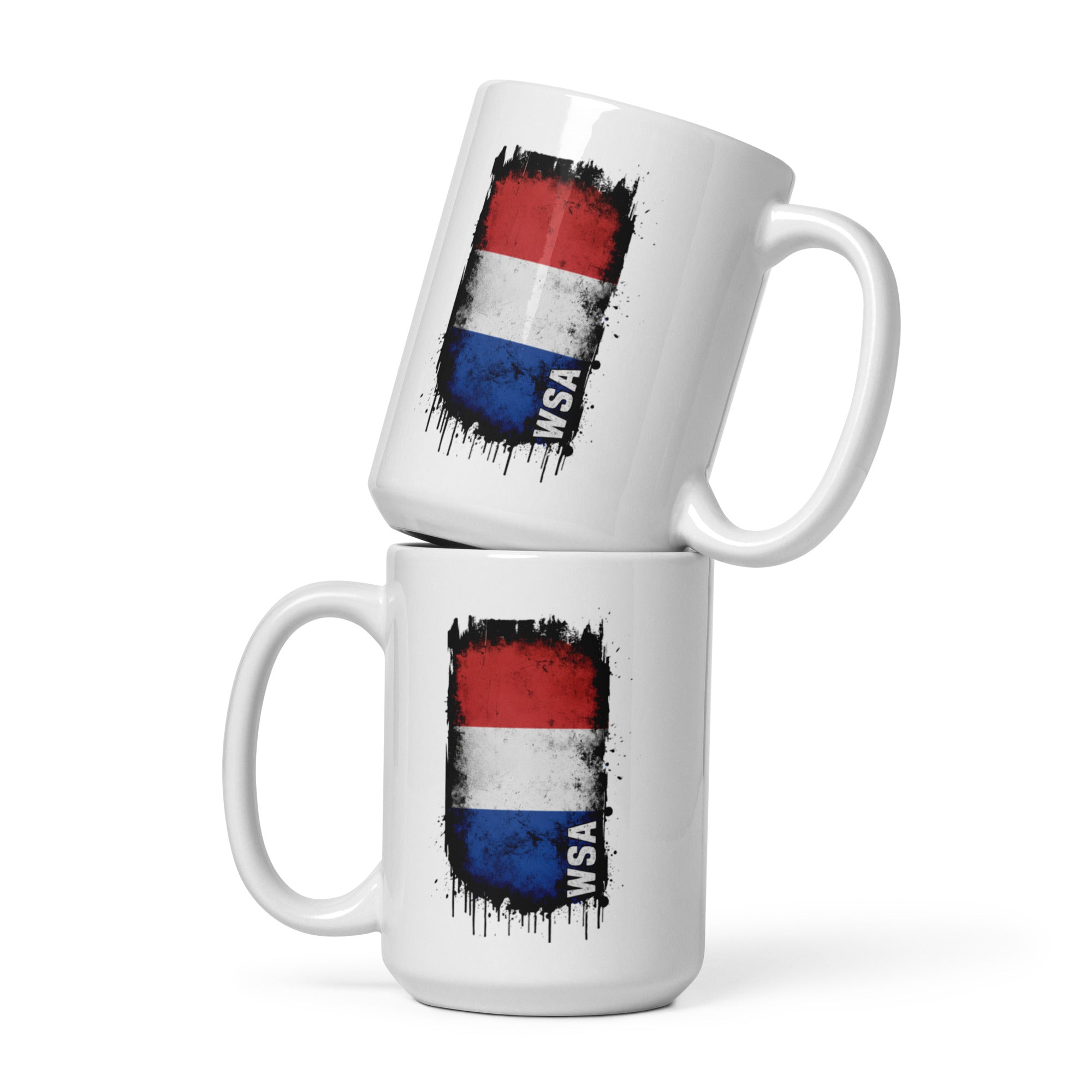 Two stacked mugs with a flag design and 'WSA' text on a white background