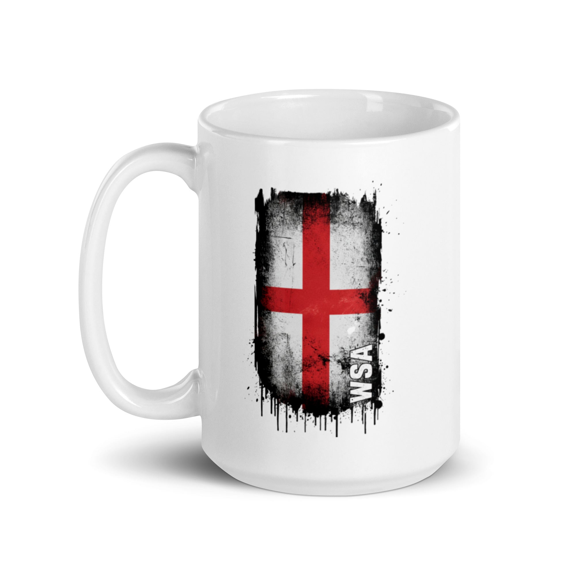 White mug with a flag design featuring the letters 'WSA' on a white background