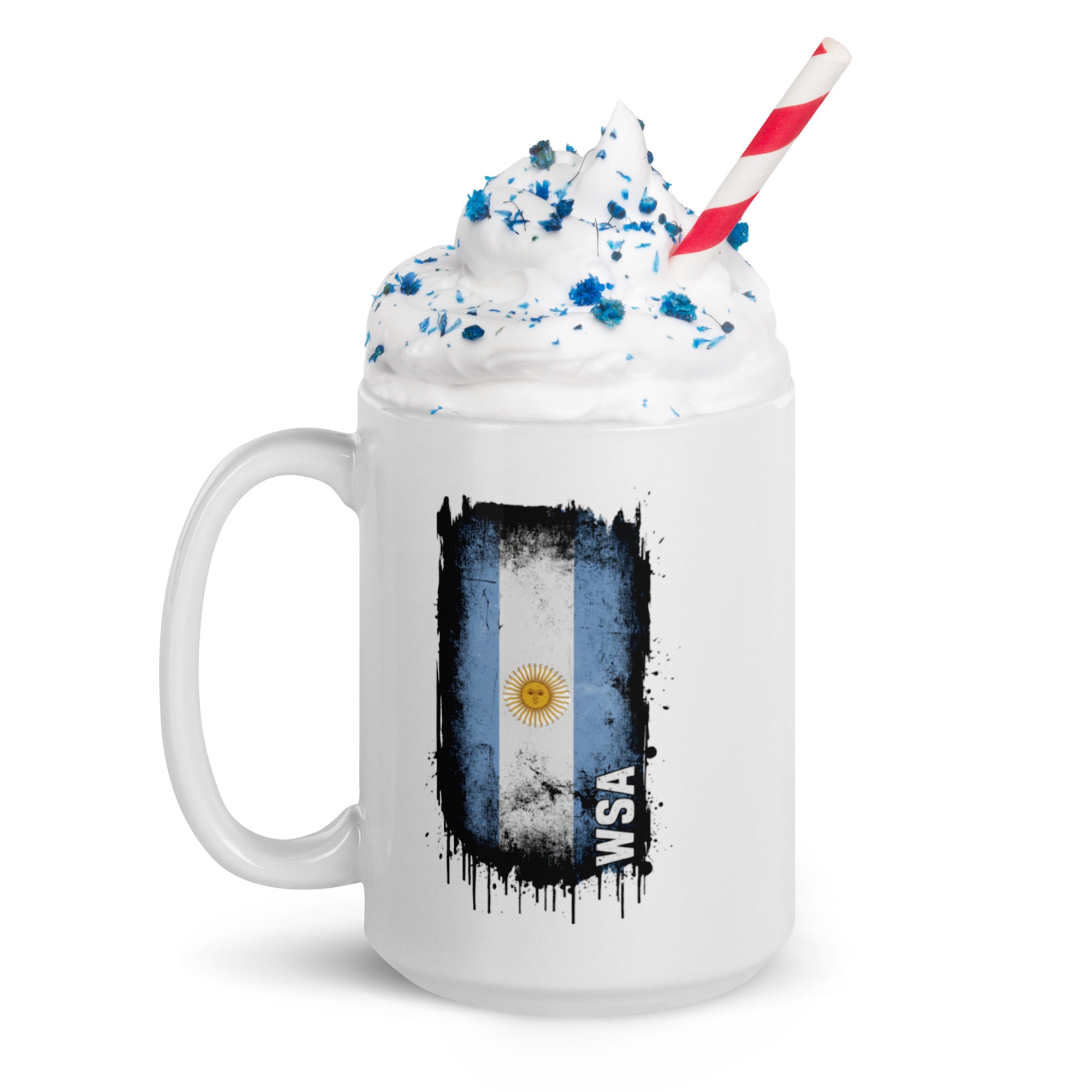 Mug with a design resembling a milkshake with whipped cream and a straw, featuring the flag of Argentina.