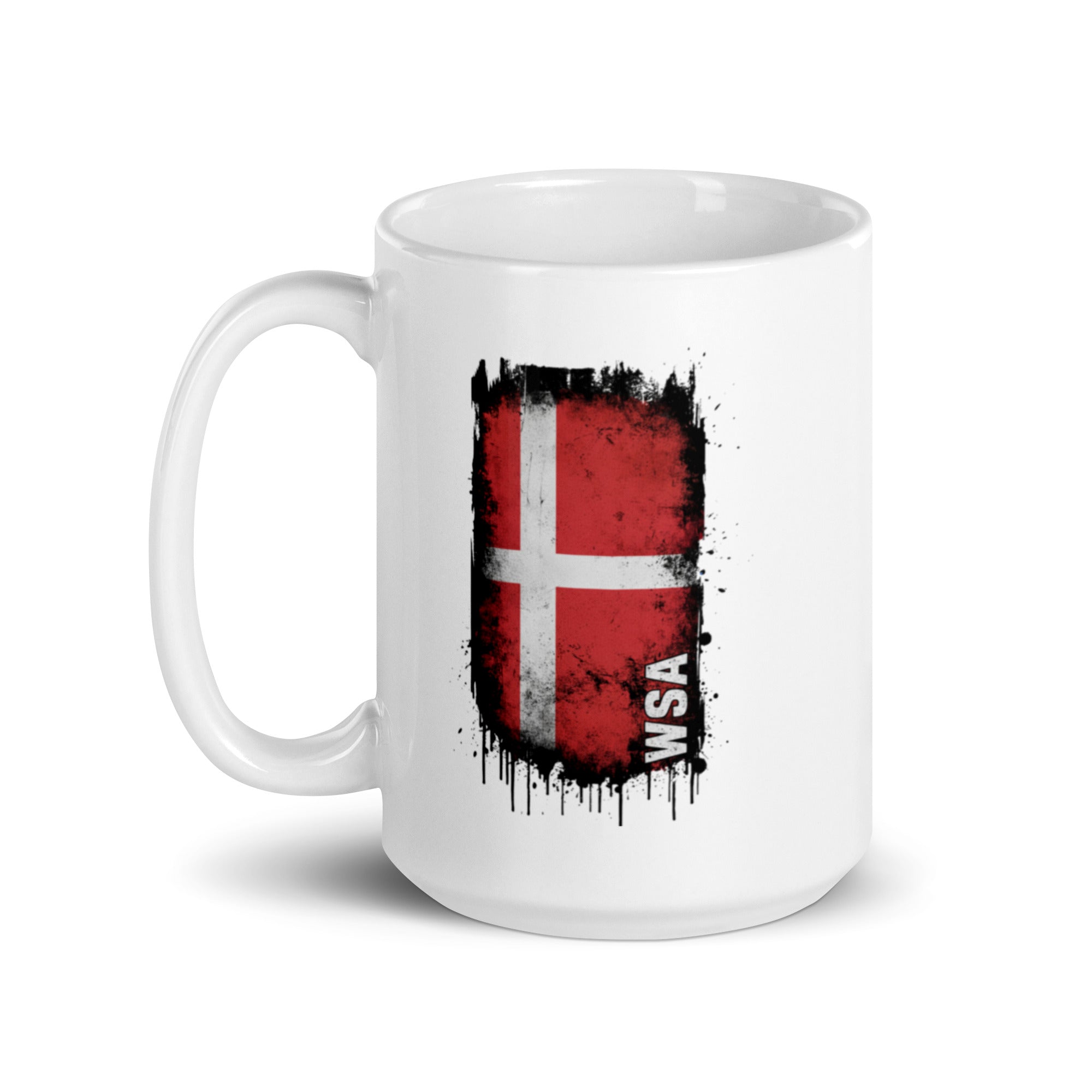 White mug with Danish flag design on a white background