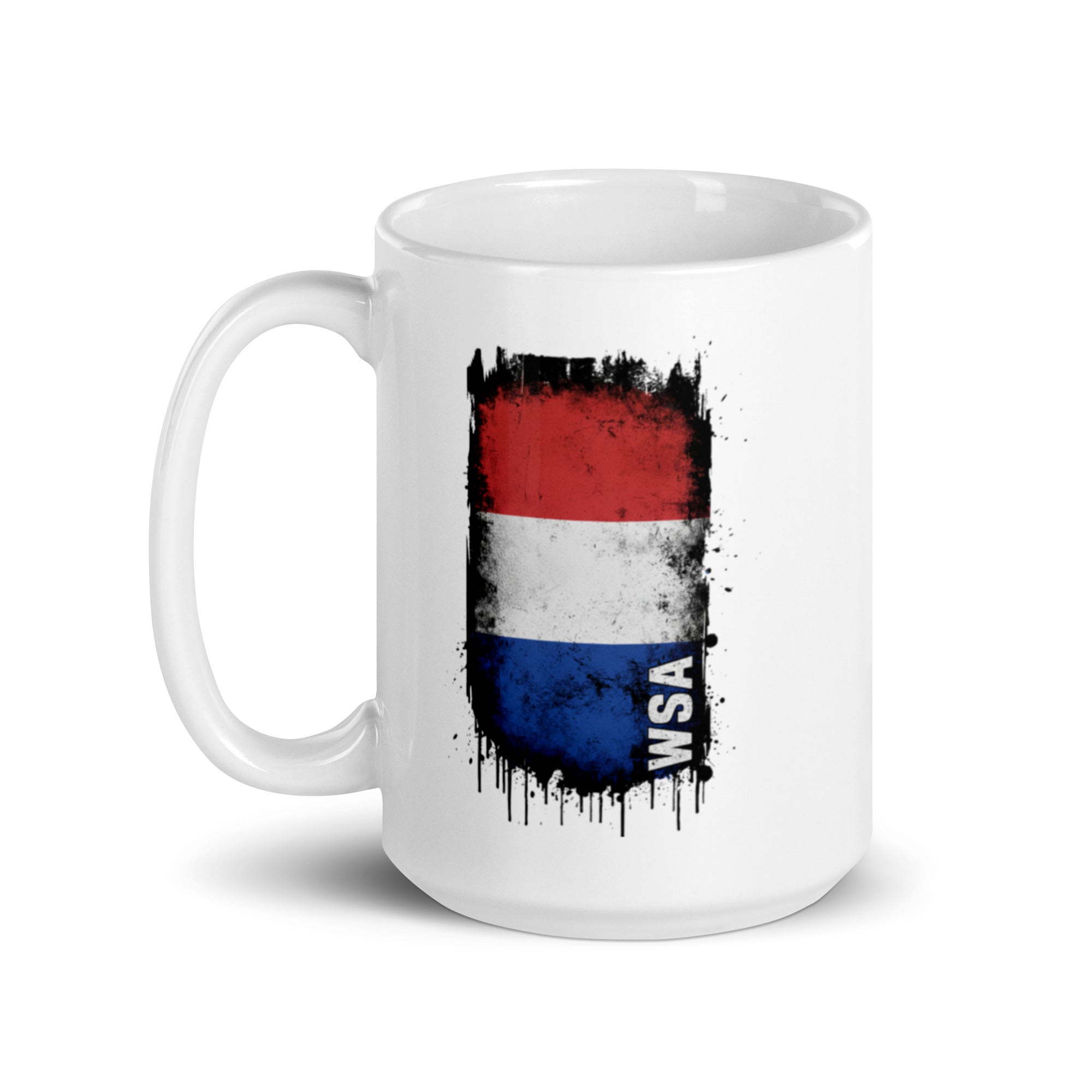 White mug with a flag design and 'WSA' text on a white background